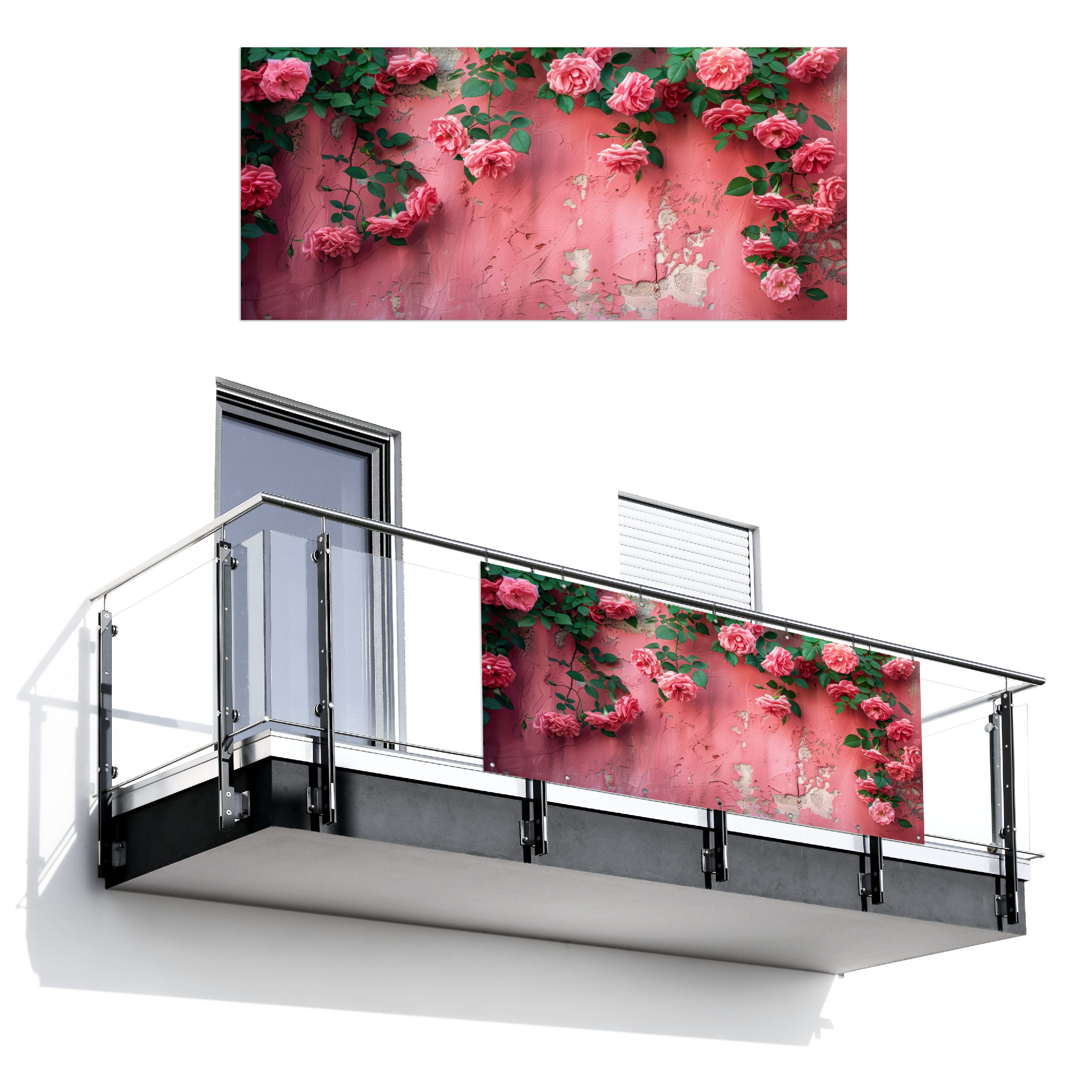 MuchoWow Balkonsichtschutz Rosa - Blumen - Rosen - Blätter (1-St) Balkon Sichtschutz 90x200, Windschutz für Zaun PVC, 200x90 cm