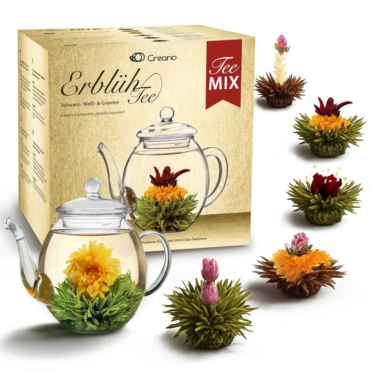 Creano Tee Erblühtee MIX 0,5l Glaskanne weißer, grüner & schwarzer Tee 6 Sorten, 1 x 0.5 l, 500 ml, 6 St.