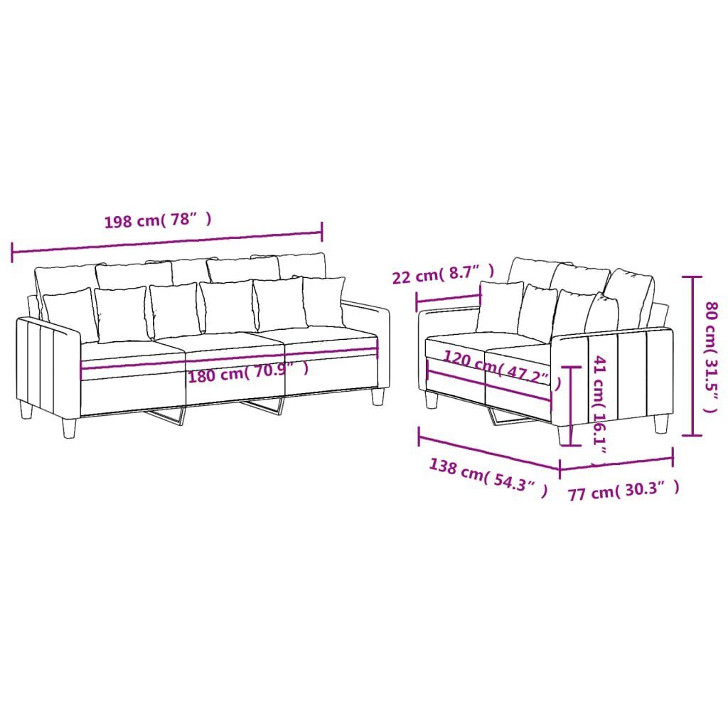 vidaXL Sofa mit Creme 2-tlg. Stoff Kissen Sofagarnitur