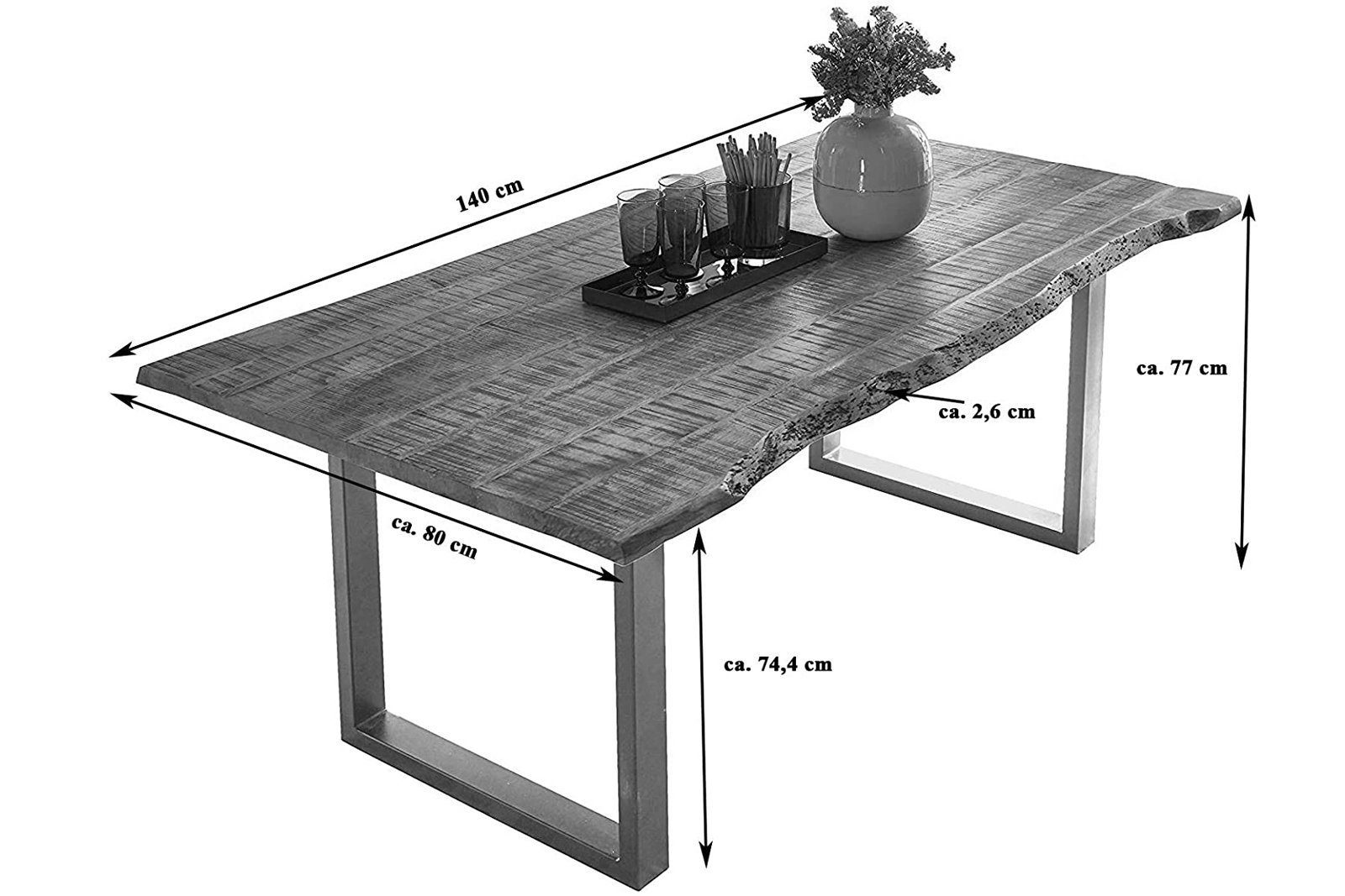 massiv, U-Form Mangoholz, Baumkante SAM® naturfarben, Metallgestell Elvas, Baumkantentisch