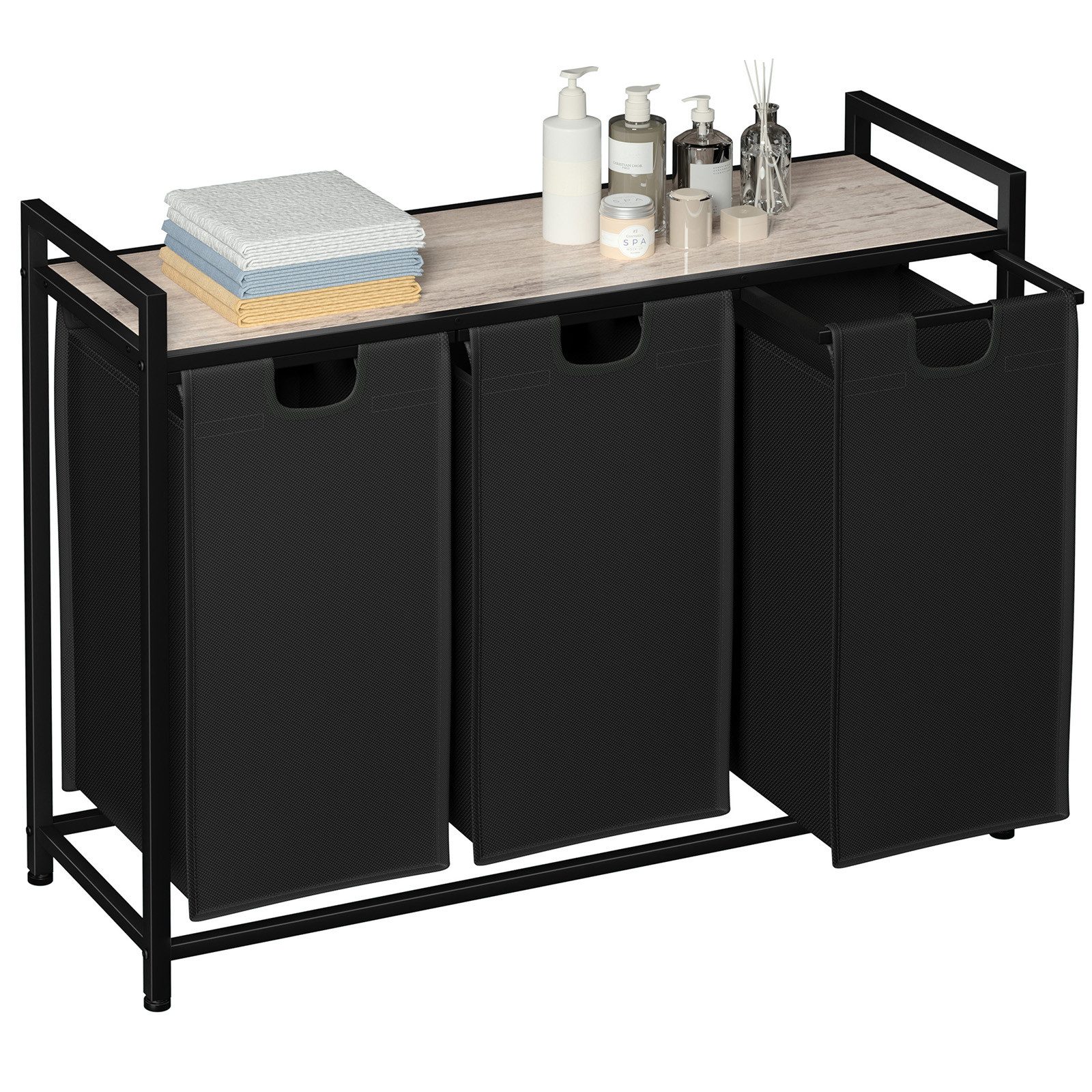 AMHANCIBLE Wäschekorb mit 3 Fächern & oberem Regal, Ausziehbar 3 x 38 Liter (1 St), Maße 92×30×72 cm