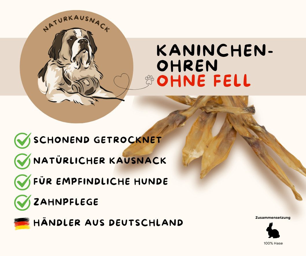 Warnick´s Tierfutterservice Kaninchenohren / Hasenohren ohne Fell - naturbelassener Hundesnack, Snack für: Hunde