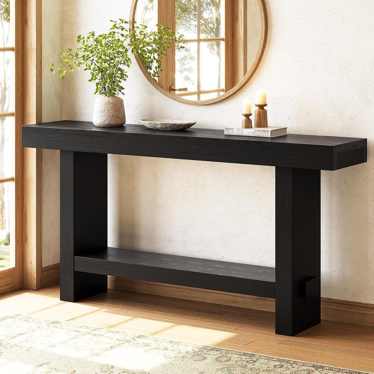 Tribesigns Konsolentisch Konsoltisch 160 cm Massivholz 2‑Ebenen Landhausstil Schwarz für Flur