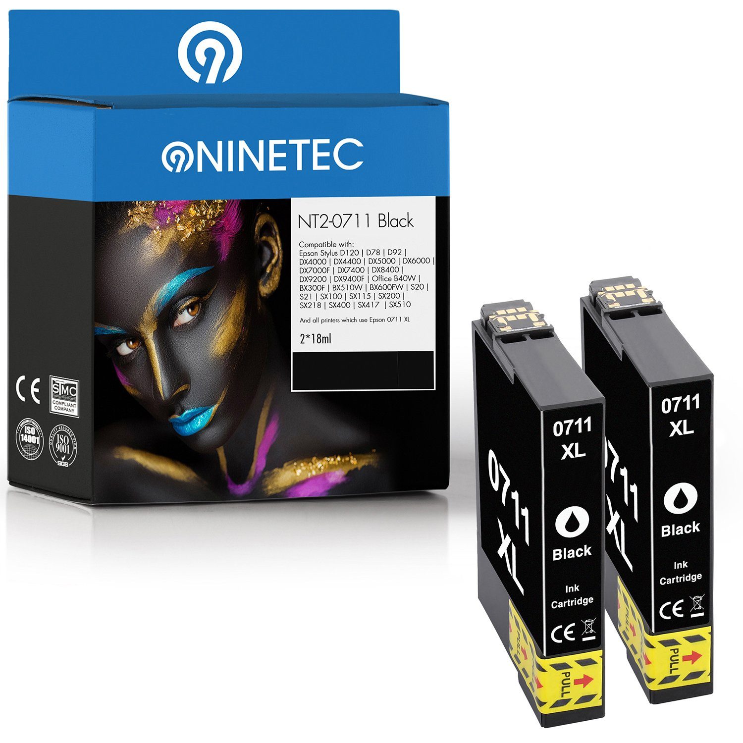 NINETEC 2er Set ersetzt Epson T0711 Tintenpatrone Black