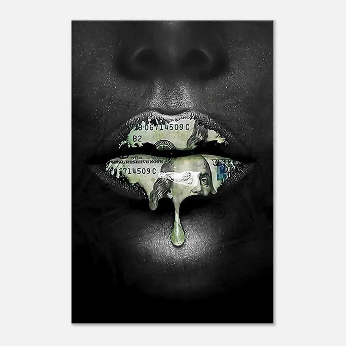 SimpleCanvas Wandbild Money Kiss - Leinwandbild Luxuriös, Wandbild Lippen mit Farbe, Geld, Luxuriös