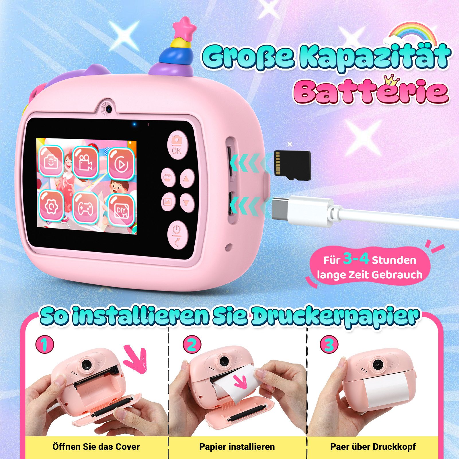 Wootoy Kinder Sofortbildkamera 48MP 1080P HD Digitalkamera Spielzeug Kinderkamera (3A03, 48 MP, inkl. 16-facher Digitalzoom und 2,4-Zoll-IPS-Display, Thermodruck-Technologie inklusive 3 Rollen Thermopapier)