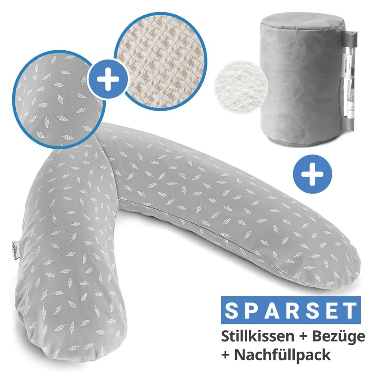 Theraline Stillkissen Das Original - Leaves & Feinstrick Creme, Schwangerschaftskissen, Seitenschläferkissen 190 cm inkl. Nachfüllpack