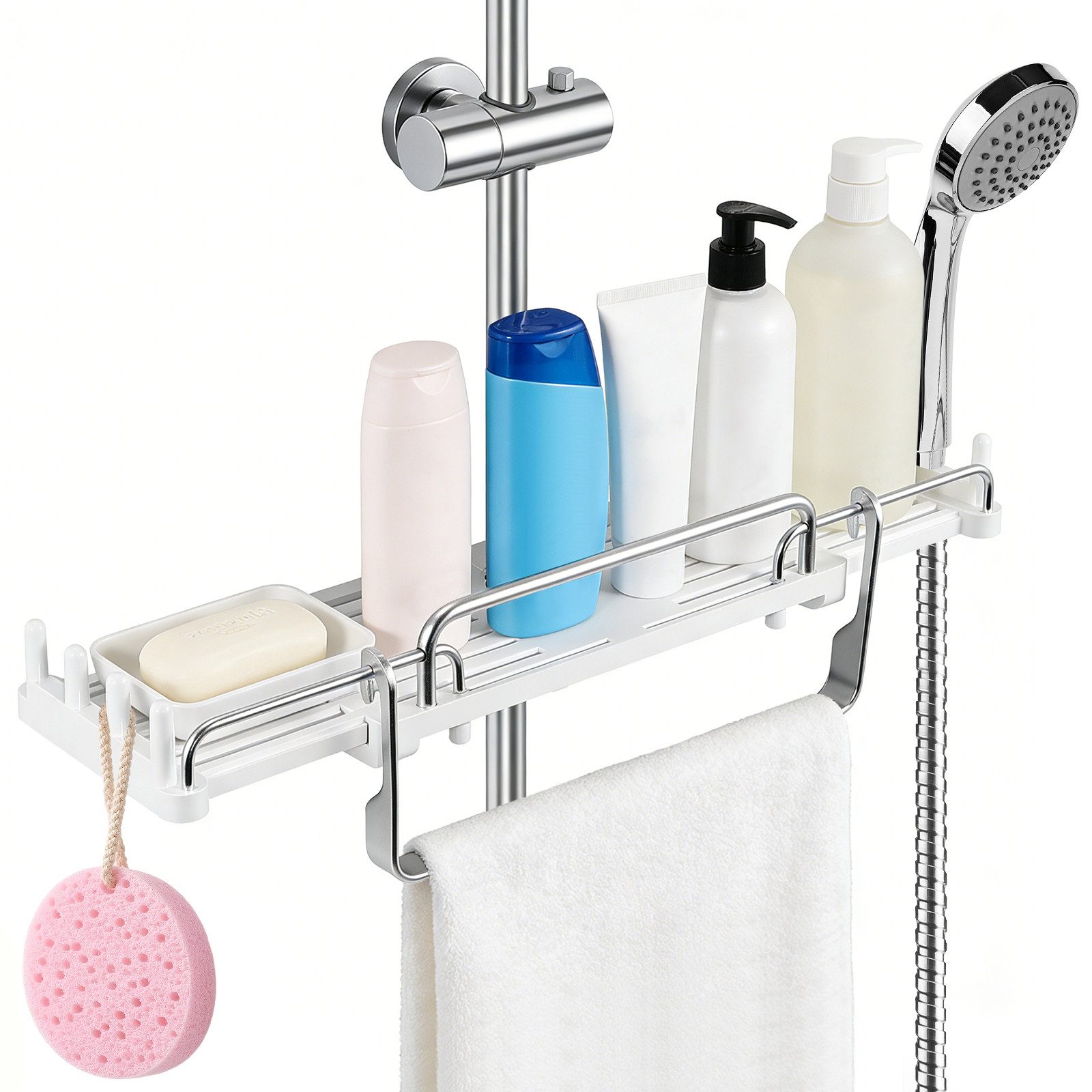 BlingBin Duschablage ohne Bohren 33–49,5 cm für Duschstange Ø 18–26 mm mit 6 Haken, Weiß, 1er Set 1-tlg., ausziehbares Duschregal, platzsparend, Shampoo Halter Dusche