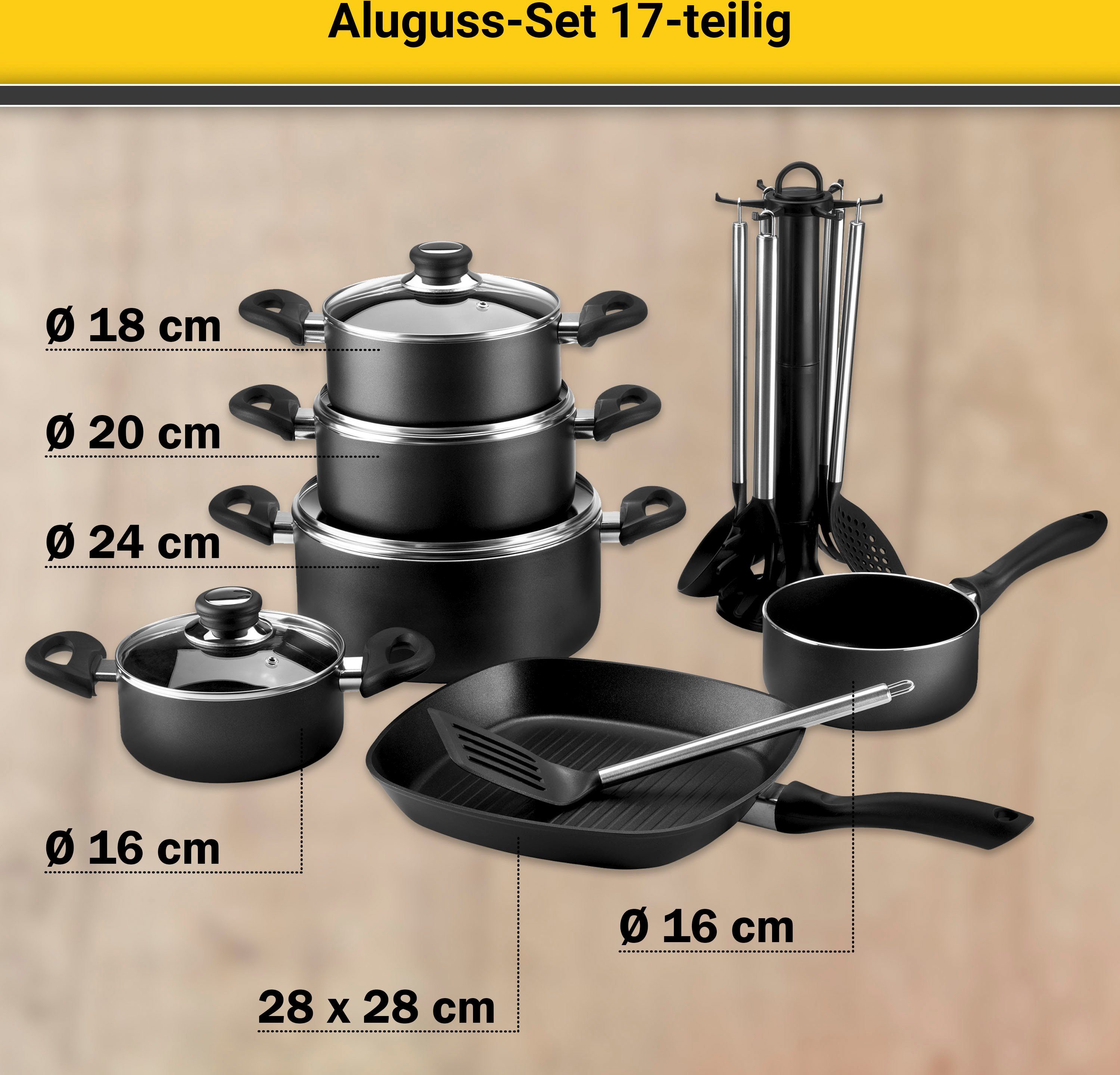 Krüger Topf-Set Aluguss Topf- und Pfannenset inkl. praktischen Küchenhelfern, 17 tlg., Aluminiumguss (Set, 17-tlg., Fleischtopf 16/18/20/24cm, Stieltopf 16cm Steakpfanne 7 T.Küchenhelfer), inkl. 7-tlg. Küchenhelfer-Set