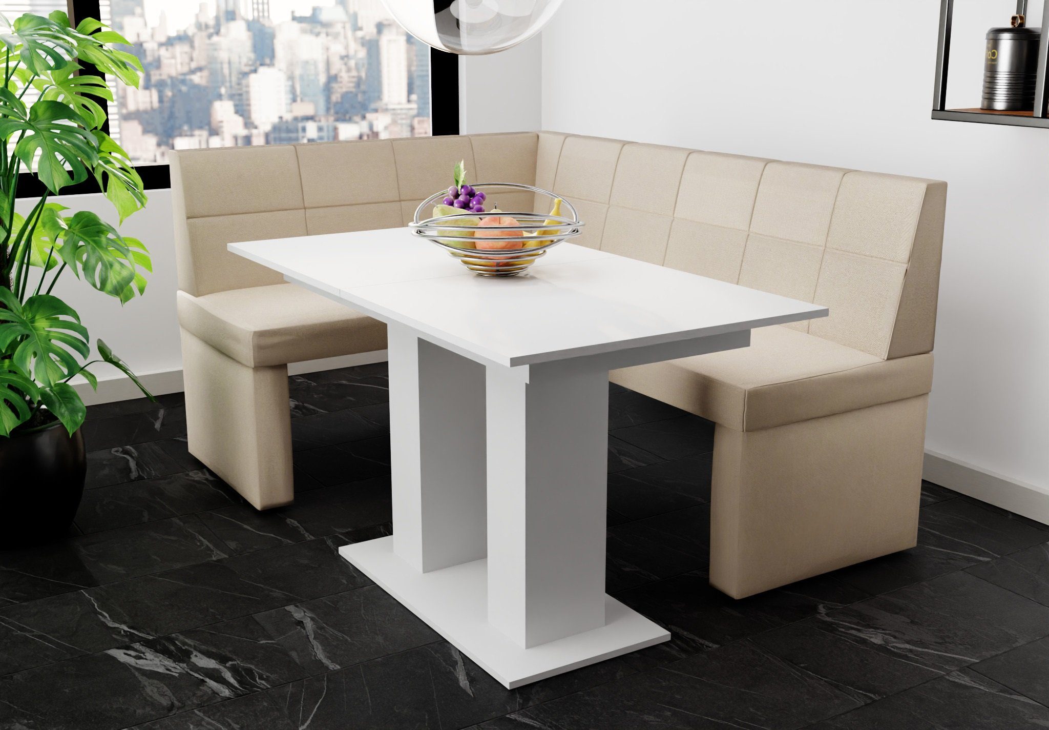 Tisch ausziehbarer Weiß mit Tisch „BLAKE“ 168x128cm Möbel Eckbankgruppe Fun matt, Eckbankgruppe Größe