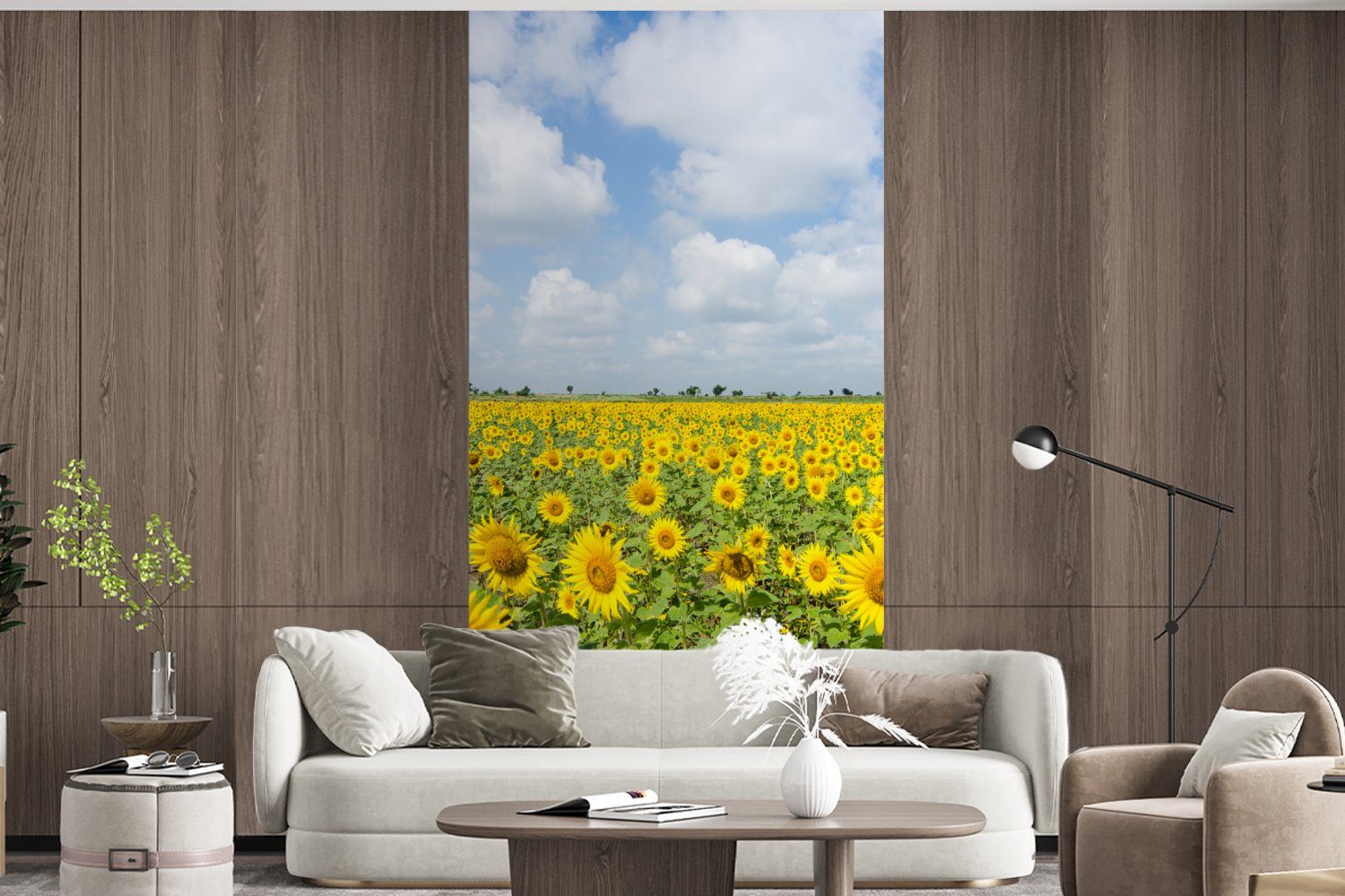 MuchoWow Gelb Sonnenblumen - Wolken - - Landschaft, Blumen - St), bedruckt, (2 Fototapete Vliestapete Schlafzimmer - Küche, Fototapete Natur Matt, Wohnzimmer für