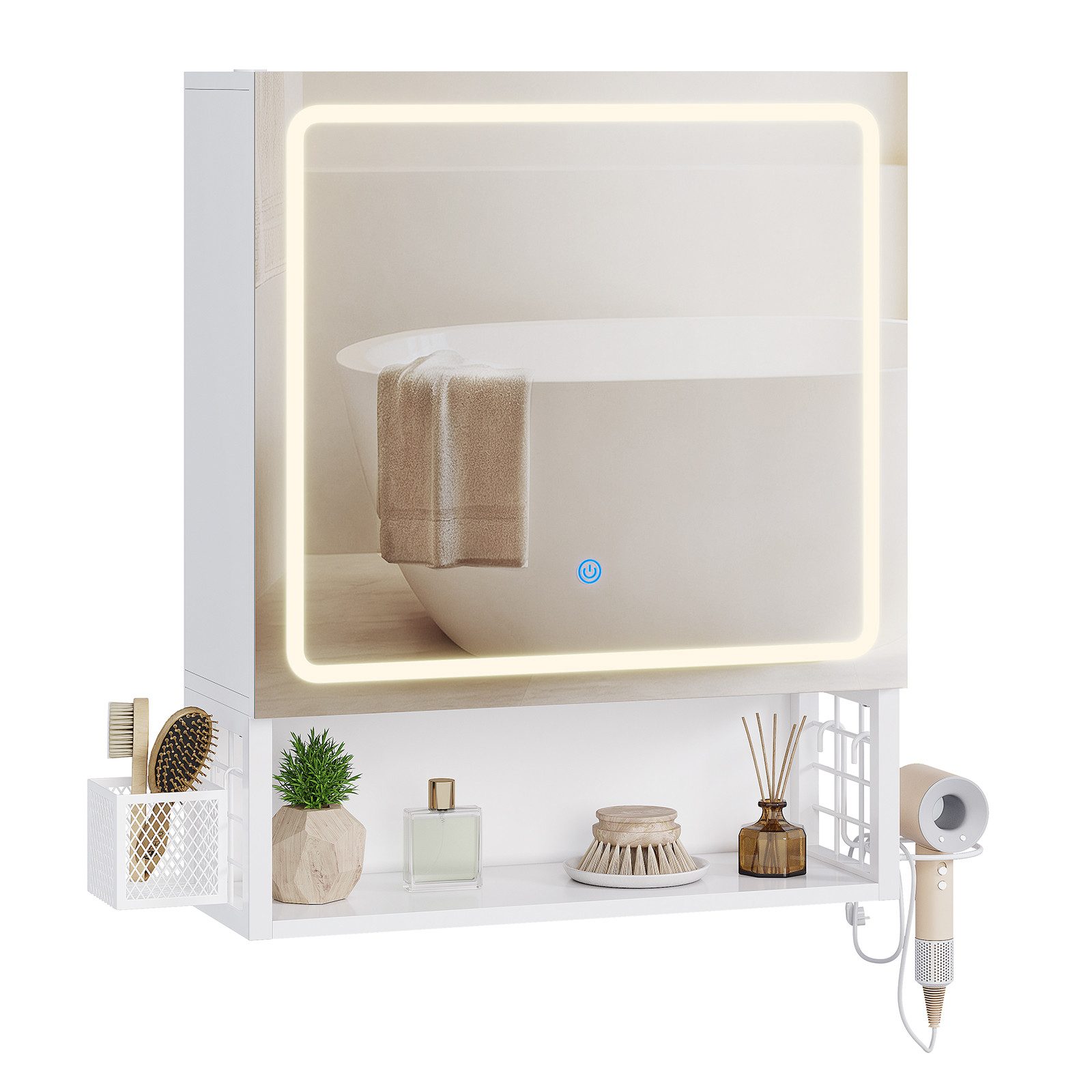 MSMASK Badezimmerspiegelschrank mit LED-Beleuchtung & Steckdose, Wandmontiert mit Stauraum (1-St) Spiegelschrank 50x16x60cm