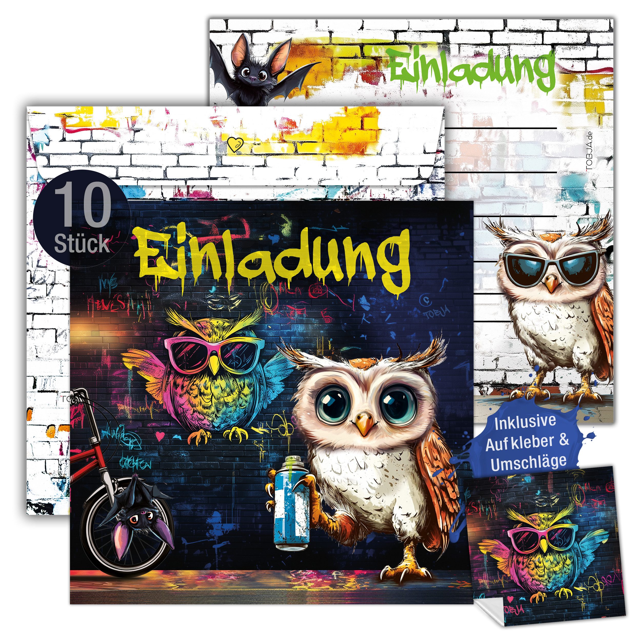 TOBJA Einladungskarten 10 Einladungskarten Eule inkl Umschläge und Sticker, Kindergeburtstag Junge Geburtstag Einladung Kinder