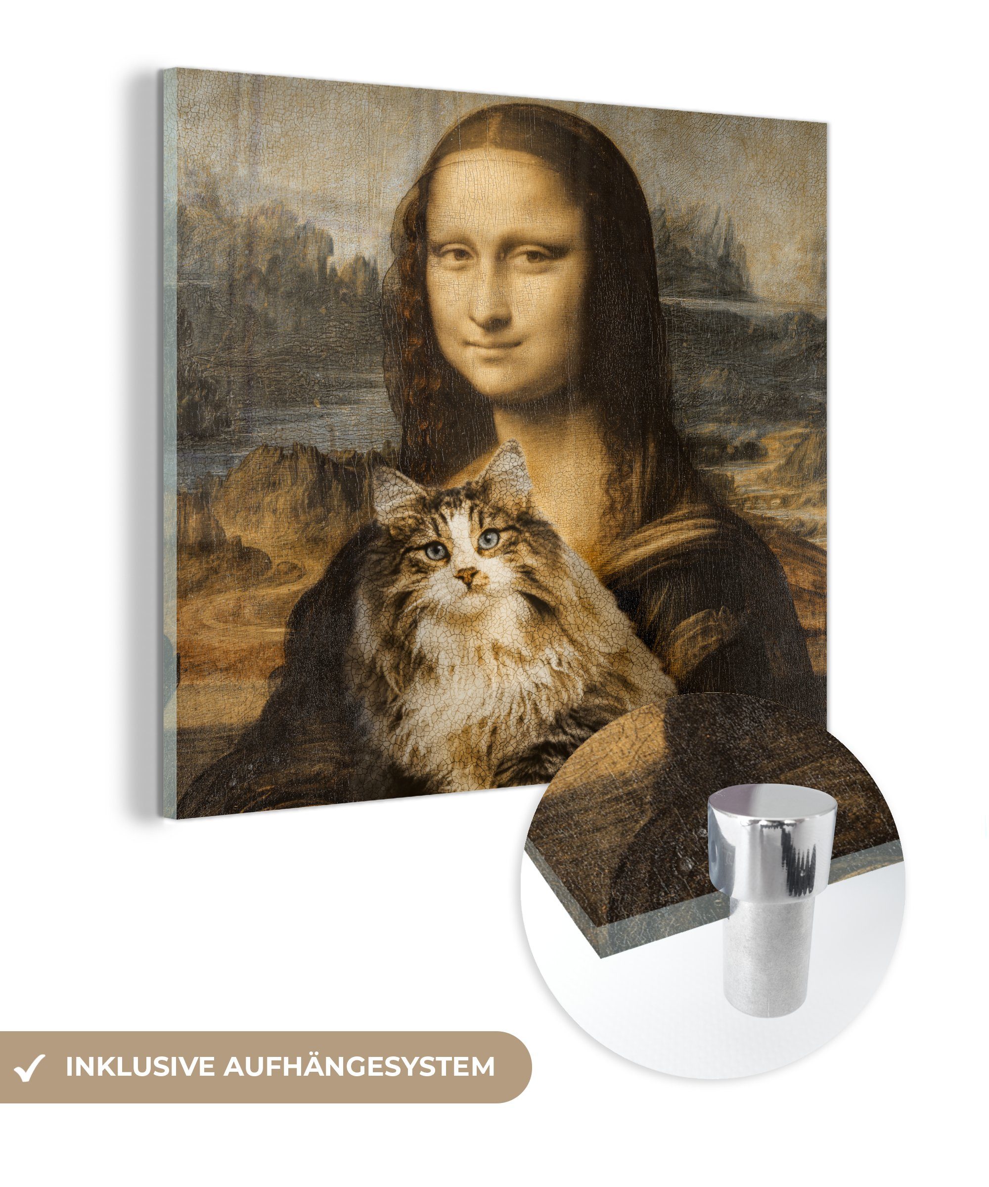 MuchoWow Acrylglasbild Mona Lisa - Katze - Leonardo da Vinci - Vintage - Kunstwerk - Alte, (1 St), Glasbilder - Bilder auf Glas Wandbild - Foto auf Glas - Wanddekoration bunt