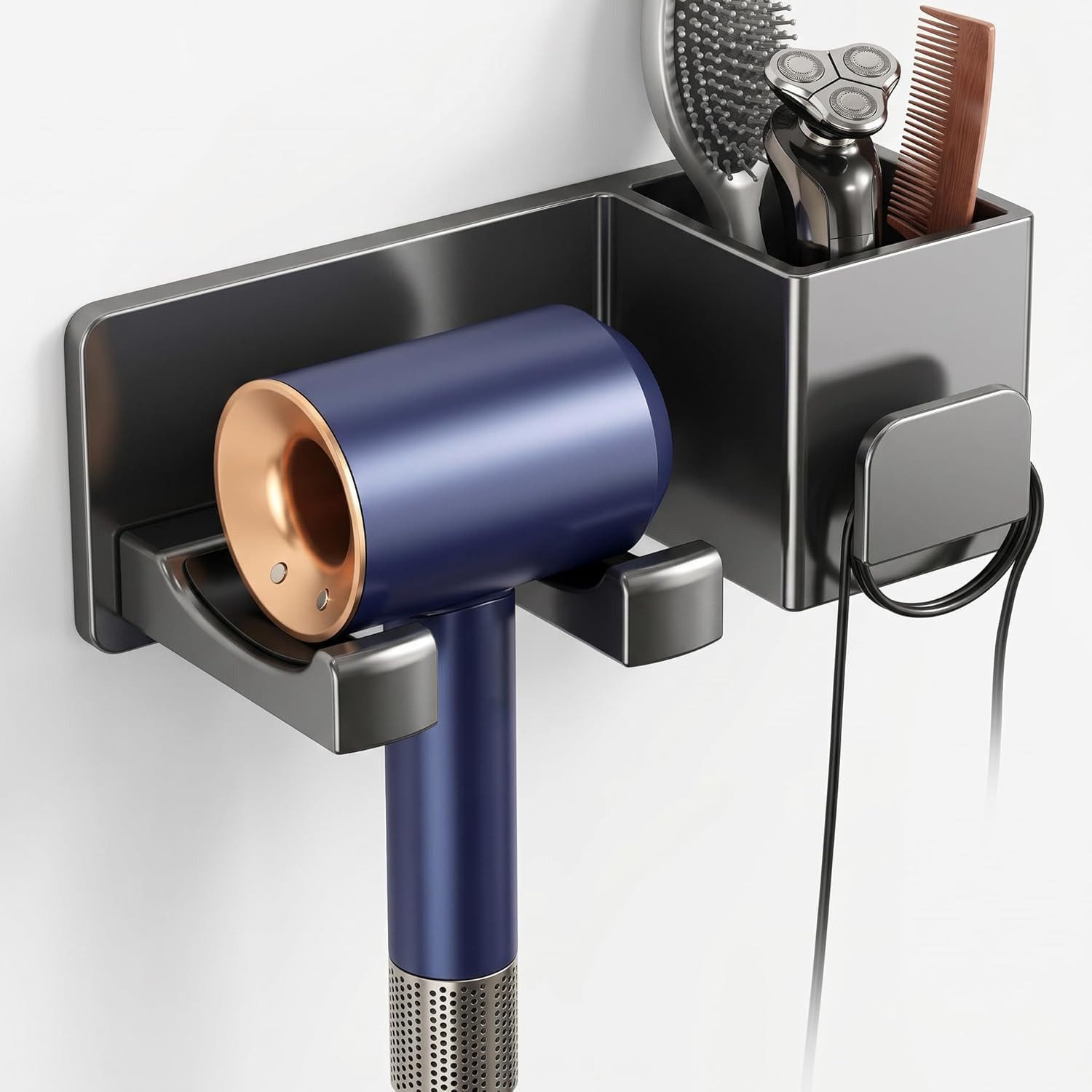 Fyrove Haartrocknerhalter Föhnhalter Wand Ohne Bohren, mit Kabelhalter und Aufbewahrung, (Praktisches Wandregal für Föhn-Badezimmer Aufbewahrung, für Haushalte Badezimmer Hotels Gästezimmer Friseursalons Barbershops)