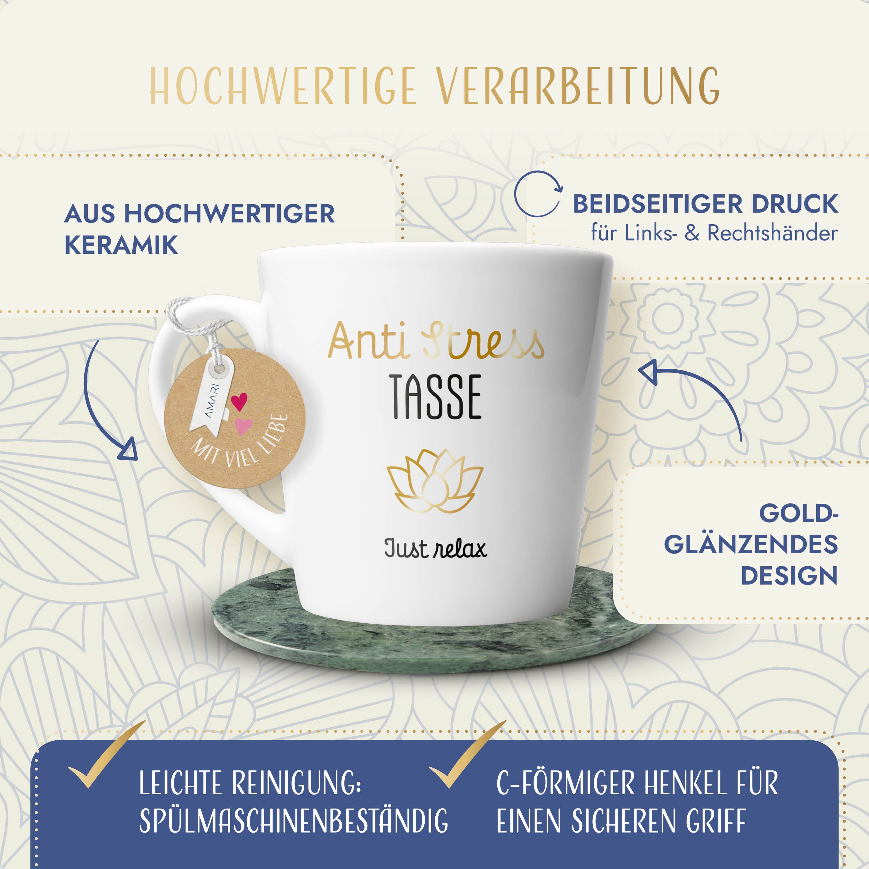 Amari Tasse Anti-Stress hochwertige Goldveredelung (Nr. 23) Geschenkidee, Kaffeetasse Teetasse Bürotasse 330 ml