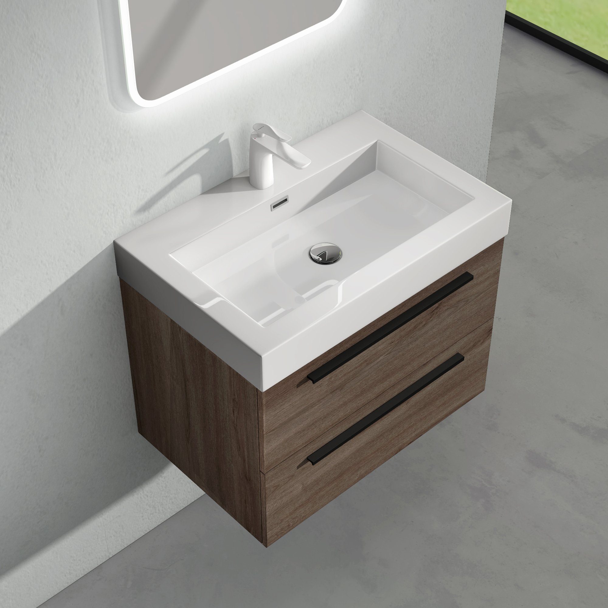 doporro Badezimmer-Set Waschtisch mit Unterschrank 60-100cm mit 2 Schubladen Holz Quadratto, Mineralguss Waschbecken