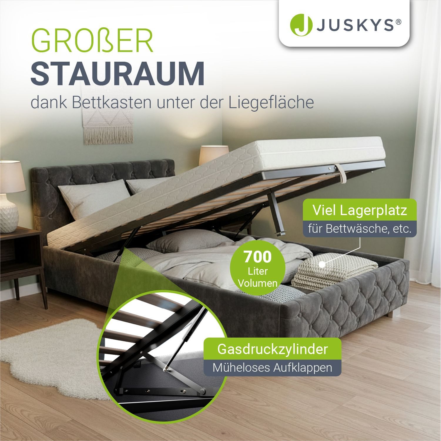 Juskys Polsterbett Nizza, 120x200 cm, LED Licht, Stauraum, Samtbezug, inkl. Matratze