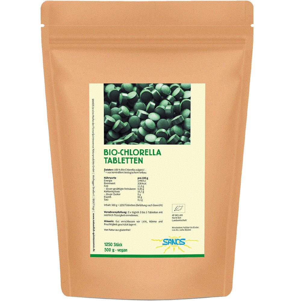 Sanos Bio Chlorella Tabletten 1250 Stück, – 100 % reine Chlorella vulgaris Tabletten, vegetarisch à 1250 St., 500 g, - Hochwertige Premiumqualität - 500g - glutenfrei, lactosefrei, vegan