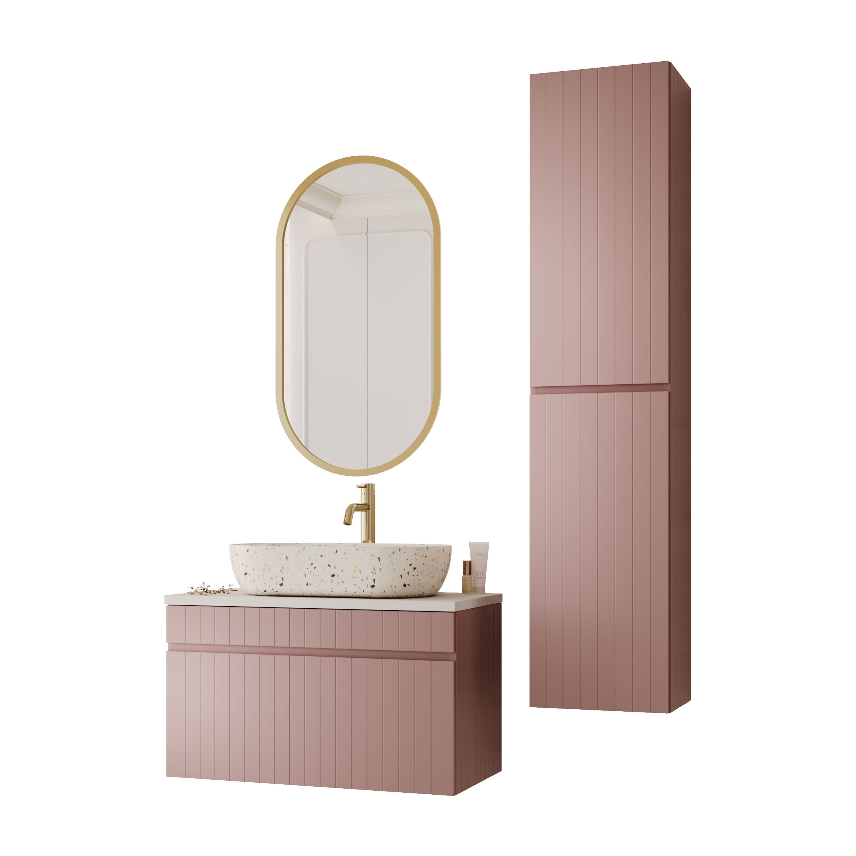 Lookway Badmöbel-Set FLORIS Badezimmer-Set mit Terrazzo Waschbecken und Hochschrank, (Badezimmer-Set mit wählbarem Spiegel, Becken und Armatur), Breite: 80 cm