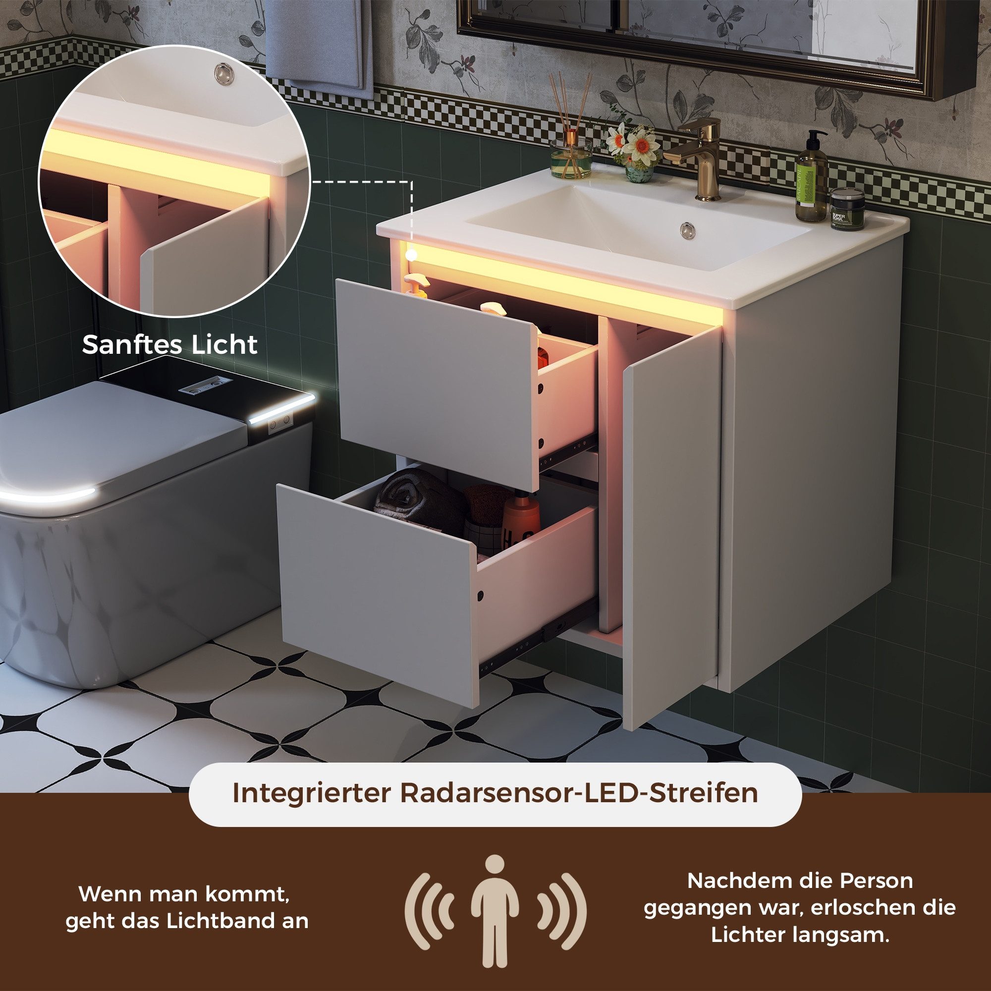 BlingBin Waschtisch Wandmontierter Waschbeckenunterschrank mit Radarsensor-LED-Beleuchtung (1er Set, 61*47*57cm), Soft-Close-Scharniere & Keramikwaschbecken, Lackierter