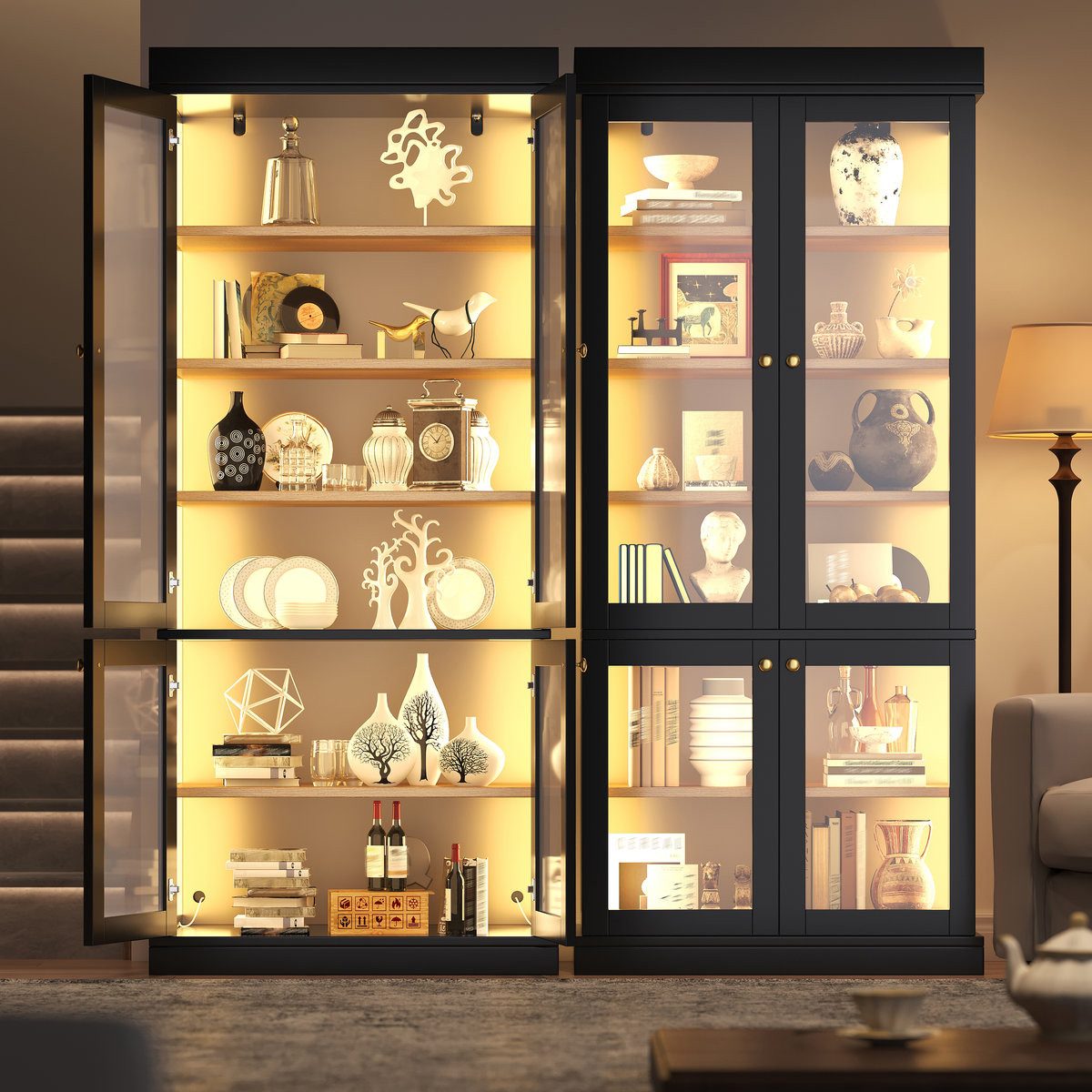 Odikalo Vitrine Vitrineschrank Glasvitrine mit LED (durchdachter Innenaufteilung und Kippschutz, stabil, sicher und vielseitig für Zuhause) 160×40×180cm – Bild 2 von 5