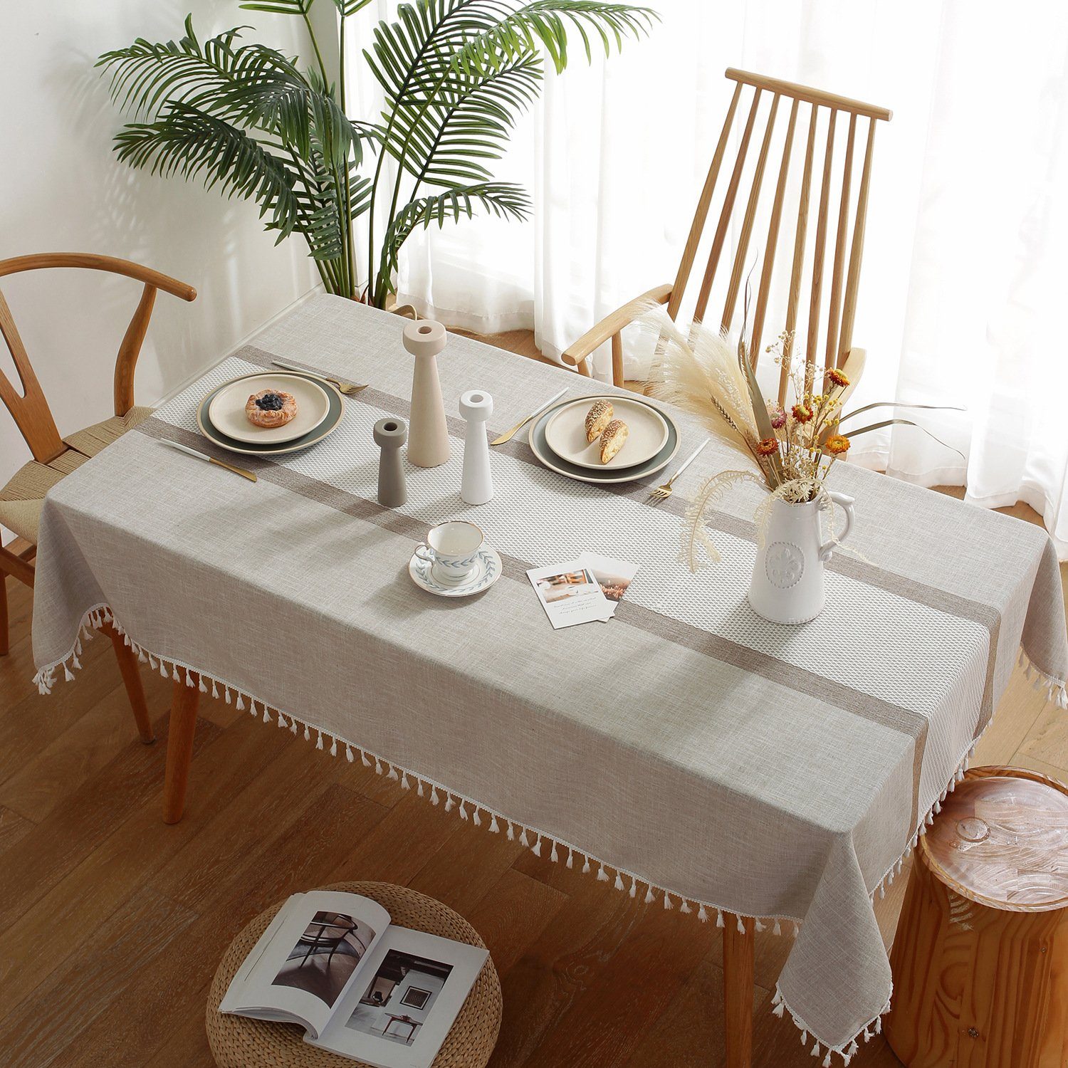 FELIXLEO graue Tischdecken gestreifte Bauernhaus Tischdecke für 140*180cm Esstisch Küche