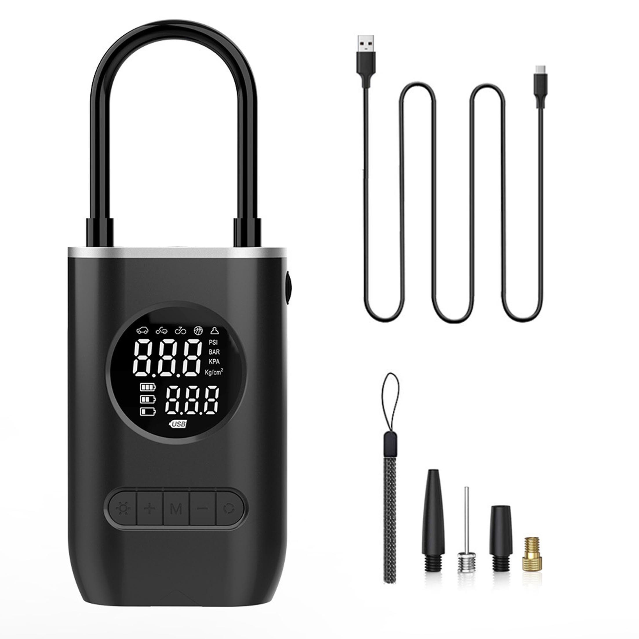 KINSI Akku-Luftpumpe Elektrischer Reifenkompressor, Akku Reifenpumpe, Auto Fahrrad Pumpe, LED Display, 4 Druckeinheiten, USB-C Ladefunktion, kompakt und mobil