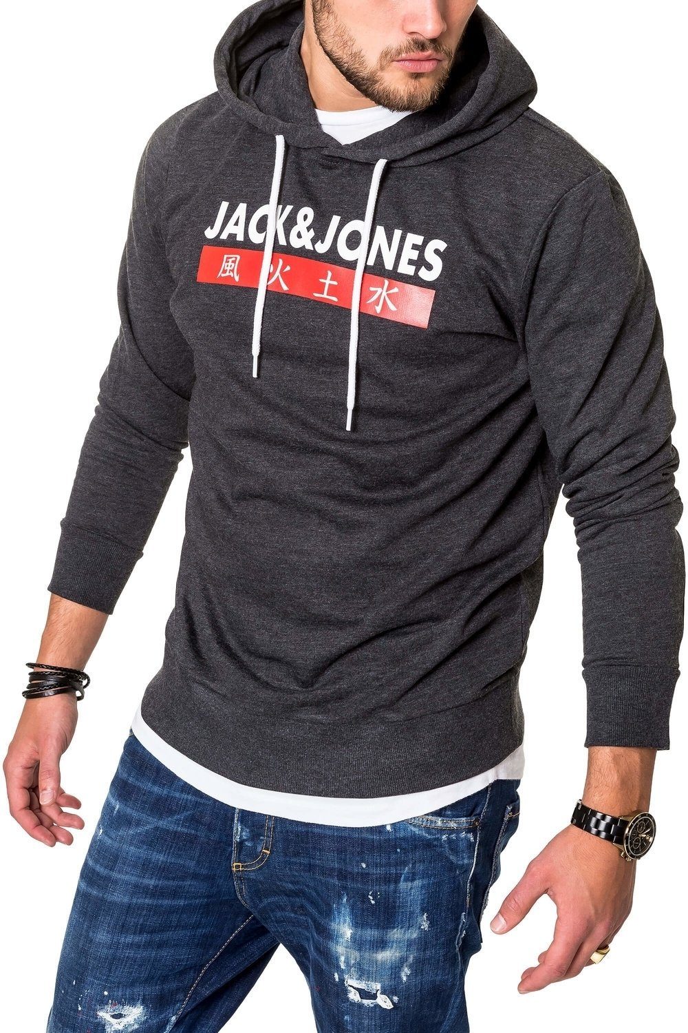 Jack & Jones Kapuzensweatshirt JORELEMENTS mit Logoprint dunkelgrau