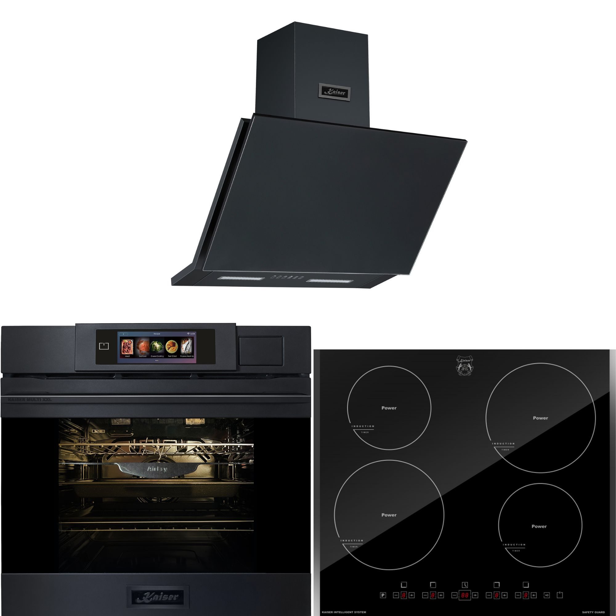 Kaiser Küchengeräte Backofen-Set Herd Set Autark Einbaubackofen XXL Multi 37,Multifunktions-Elektro-Dampfbackofen mit Dampfreinigung, 60 cm+Induktionskochfeld 60 cm, Autark,Facettenschliff, Kochfeld 4xQickHeat Kochzonen,Schwarz+Dunstabzugshaube 60cm 1250m³/h Schwarz matt EH 6341+ KCT 6105 FI+AT 6455 s, mit 1-fach-Teleskopauszug