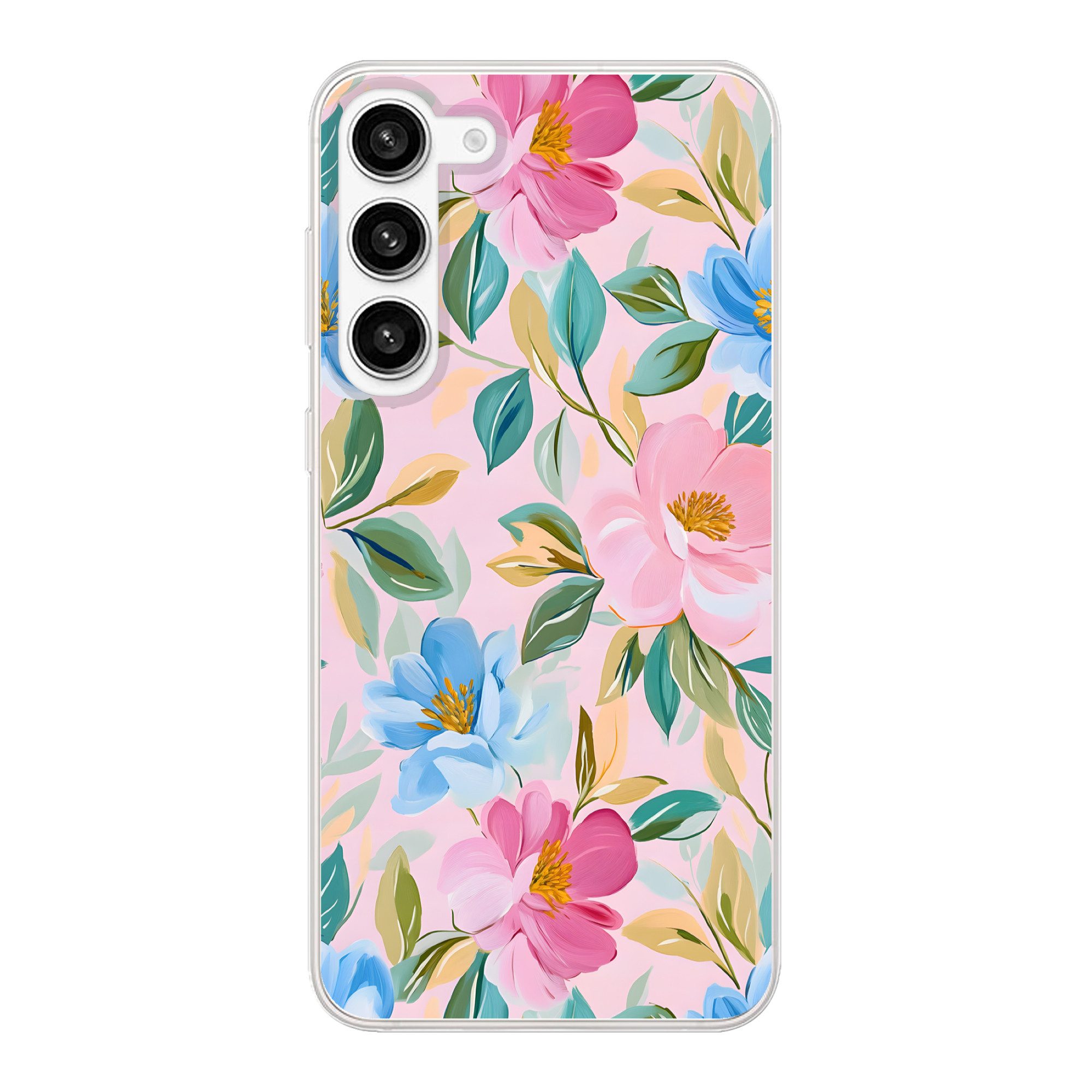 MuchoWow Handyhülle für Samsung Galaxy S23 Plus Blau - Rosa - Blumen, Phone Case, Silikon, Schutzhülle Dünn