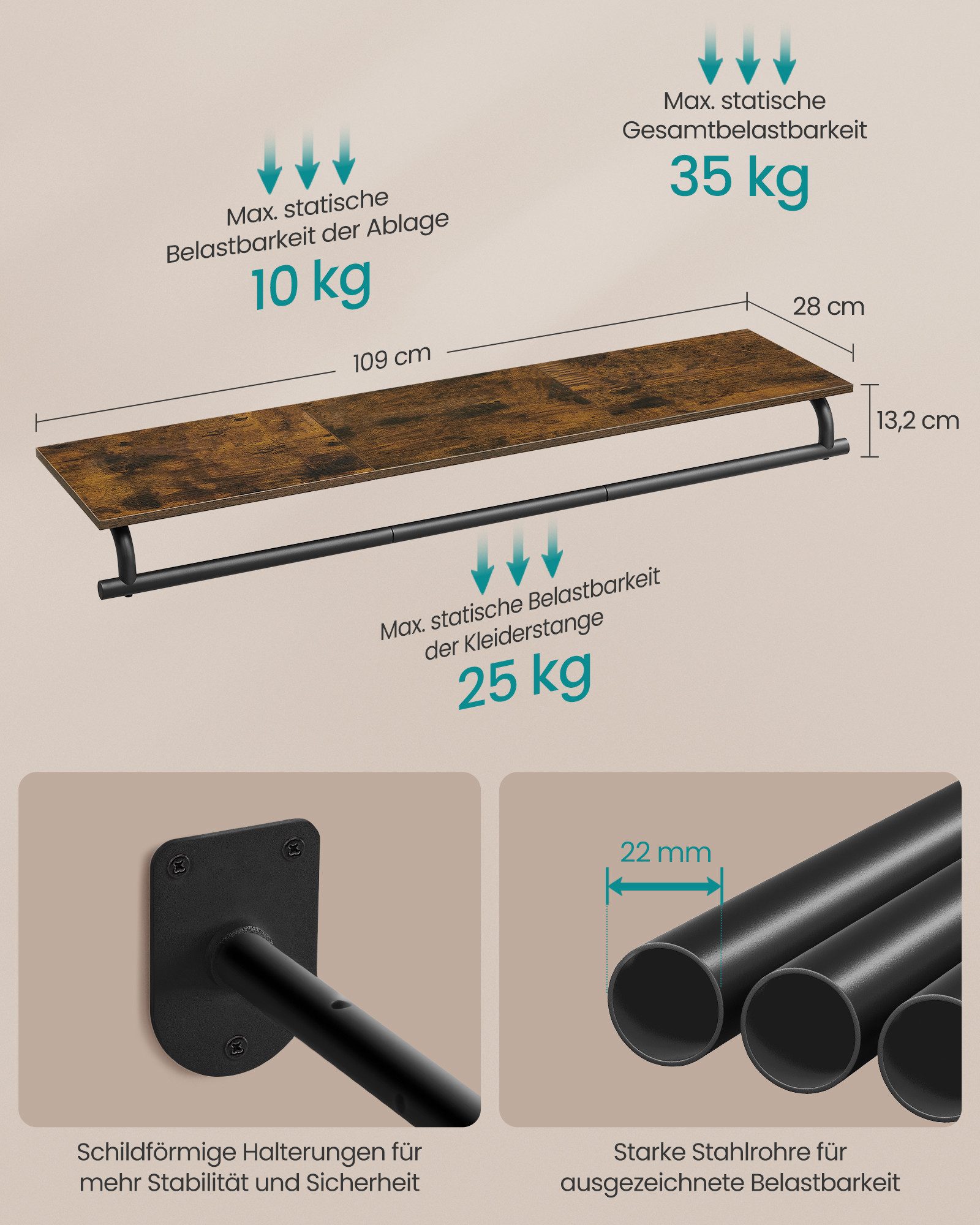 SONGMICS Wandgarderobe, Garderobe, Wandregal mit Kleiderstange, Schlafzimmer