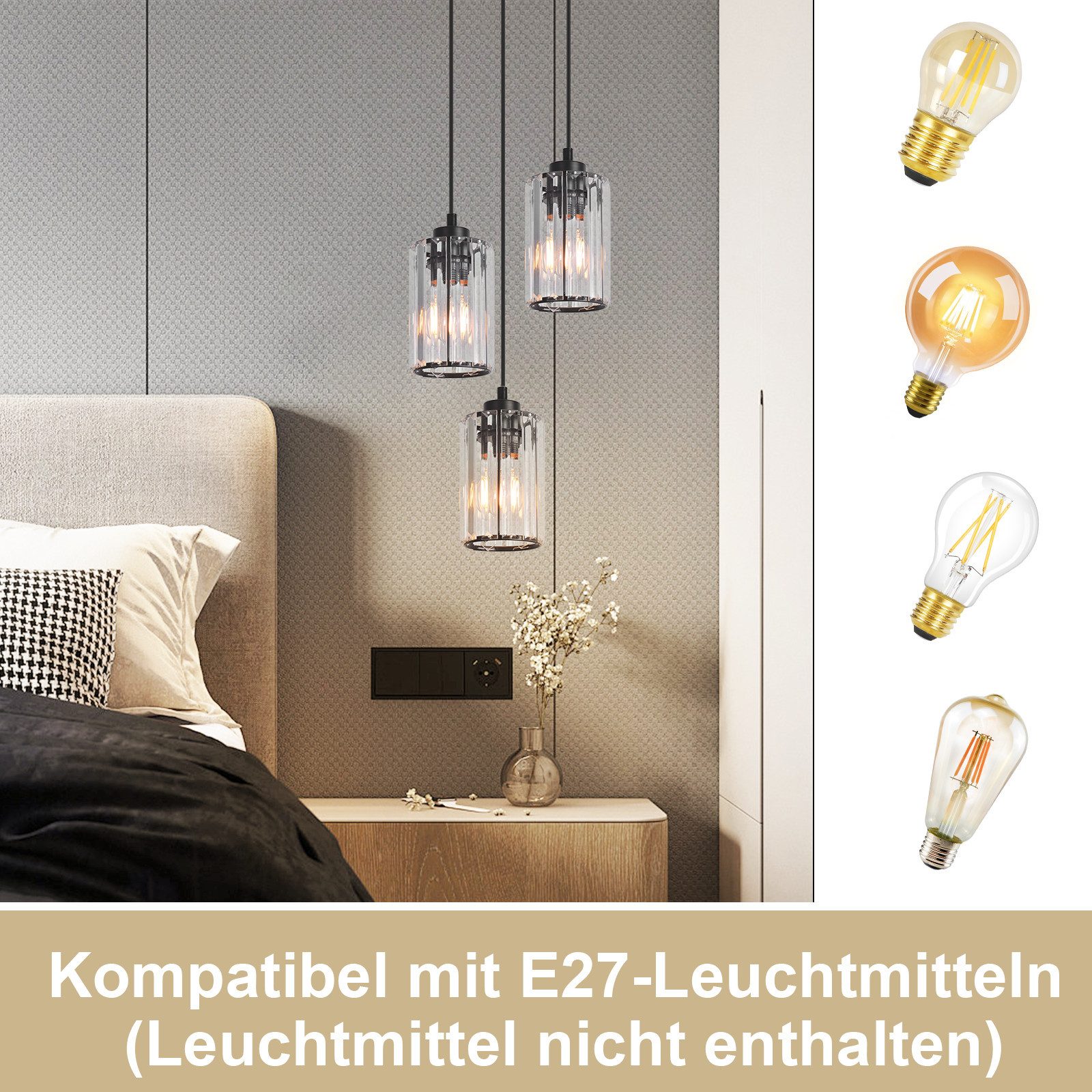 ZMH Pendelleuchte Esszimmer Schwarz 3 Flammig Modern Kristall Hängeleuchte Treppenhaus, Hochwertige Design, ohne Leuchtmittel, Höhenverstellbar für Hotel Büro V – Bild 2 von 5