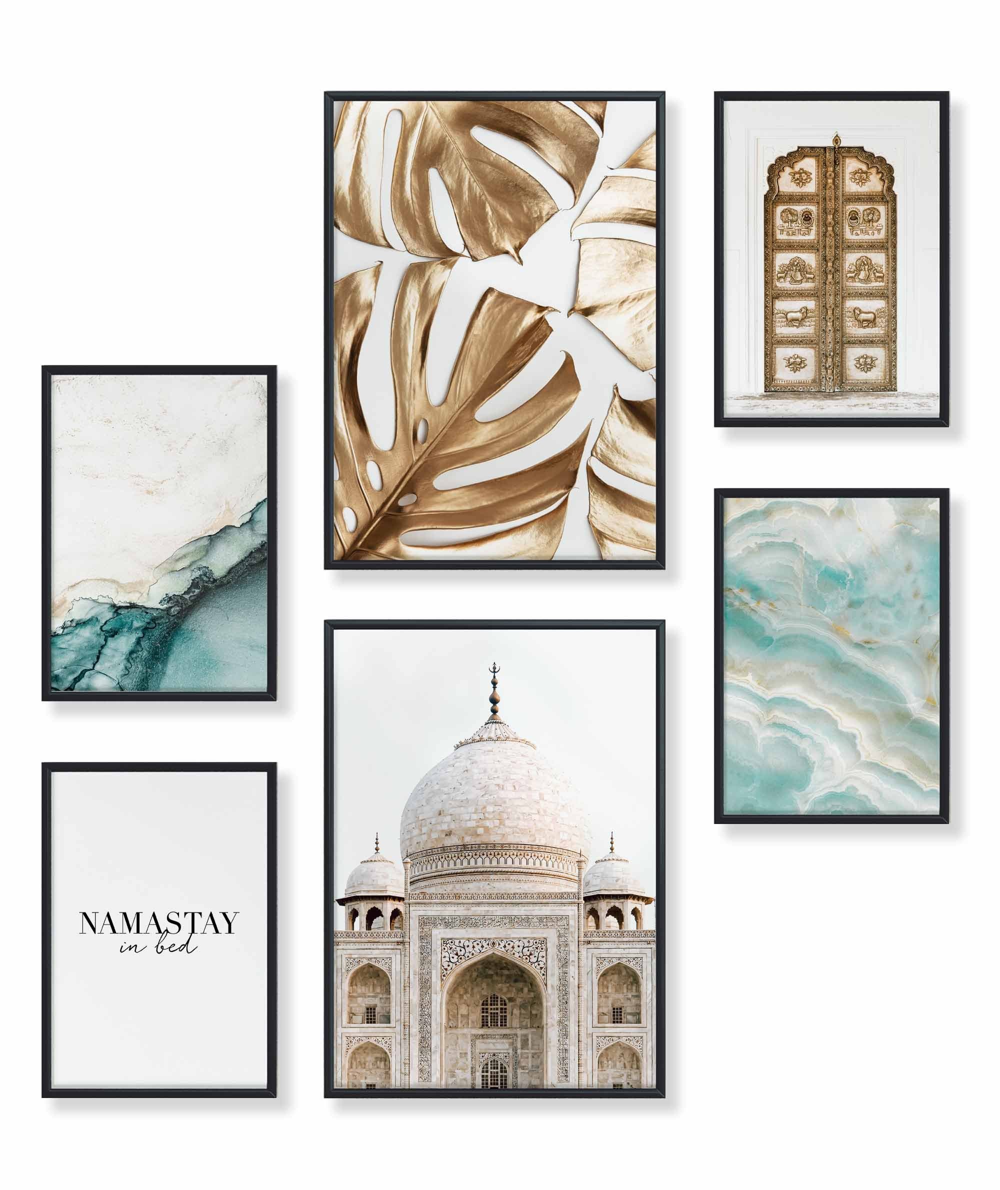 Poster Set als Wohnzimmer Deko, Bilder DINA3 & DINA4, Goldene Monstera Tempel