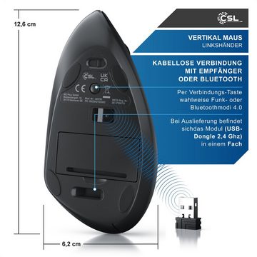 CSL ergonomische Maus (Bluetooth, Funk, Vertikal, optisch, kabellos, 2,4 Ghz, Armschonend, bis 2400 dpi)