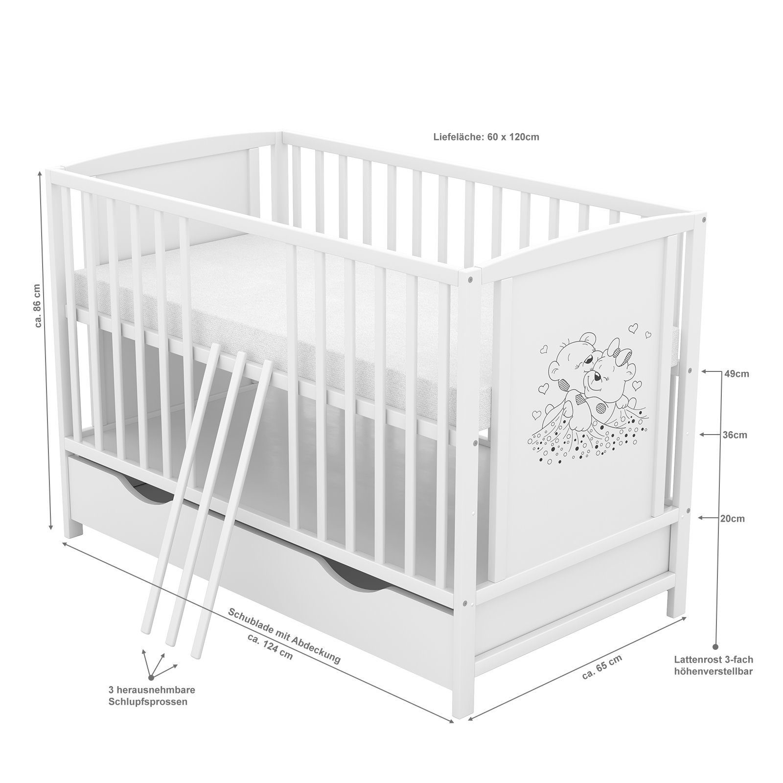 Baby-Delux Babybett Mia Bettkasten Schutzgitter, Kinderbett 60x120 weiß Schublade Barriere Kiefer Teddy Motiv Matratze