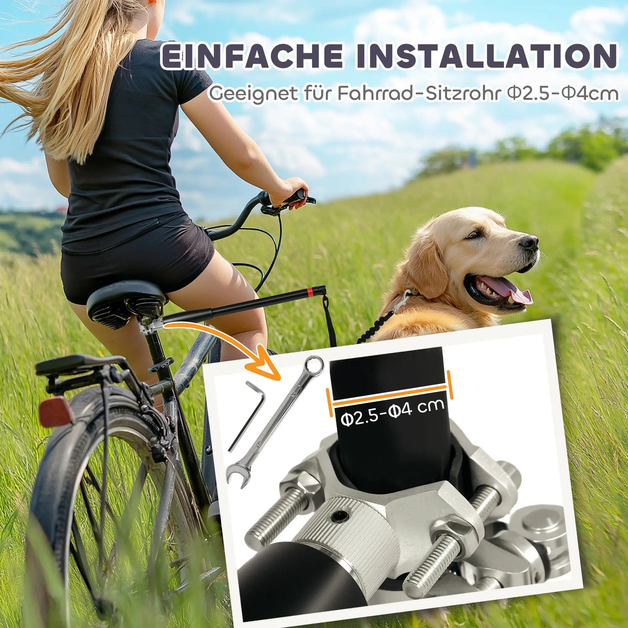 BlingBin Hundeleine Fahrradleine für Hunde Hundeleine Einfache Demontage und Installation, Stahl, Polyester (1er Set, 1-tlg., 124cm x 2cm x 2cm), Fahrrad Hundeleine für Radfahren, Fahrrad, Joggen, Training