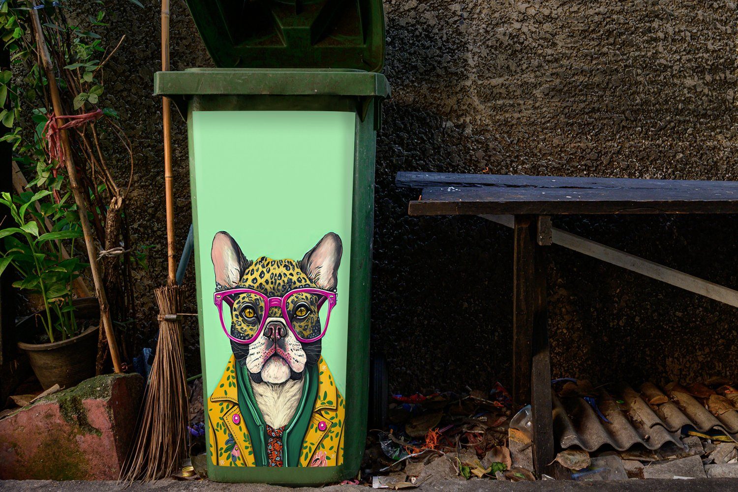 - Container, Abfalbehälter Hund - - Brille Wandsticker Mülltonne, Mülleimer-aufkleber, St), Tiere (1 MuchoWow Sticker, Hippie
