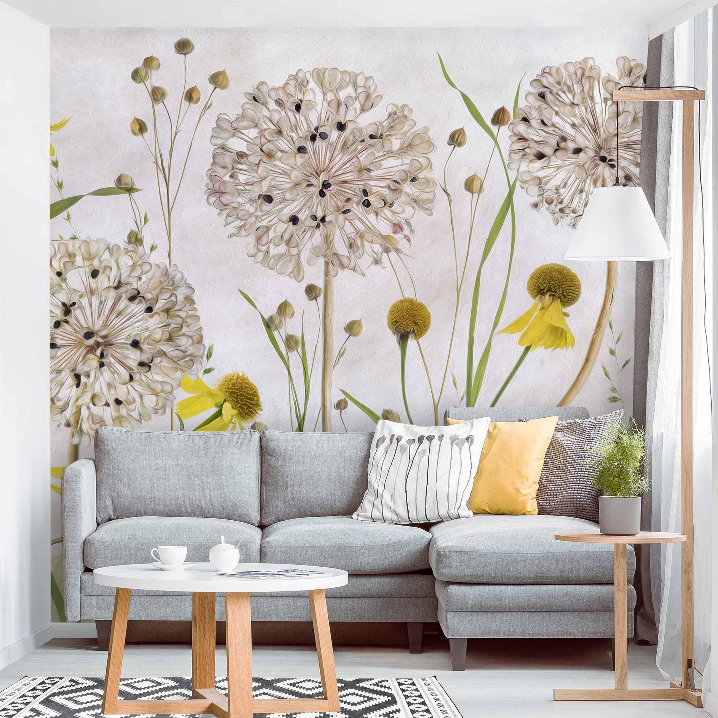 Bilderdepot24 Vliestapete Vintage Allium Helenium Illustration Blumen Beige  Natur Wanddeko, Glatt, Matt, (Inklusive Gratis-Kleister oder  selbstklebend), Wohnzimmer Schlafzimmer Küche Flur Fototapete Motivtapete  Wandtapete