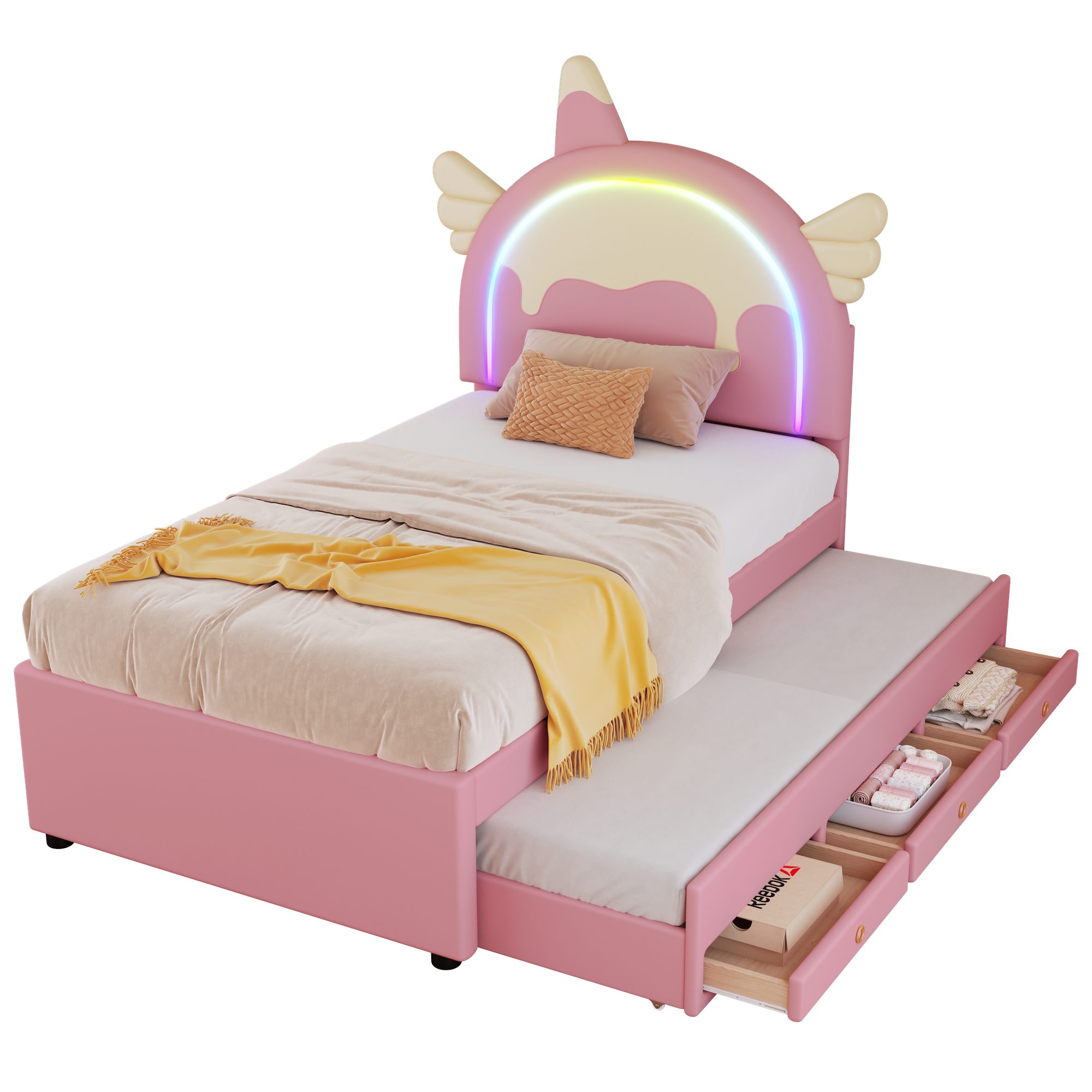 Polsterbett mit Stauraum und LED-Beleuchtung