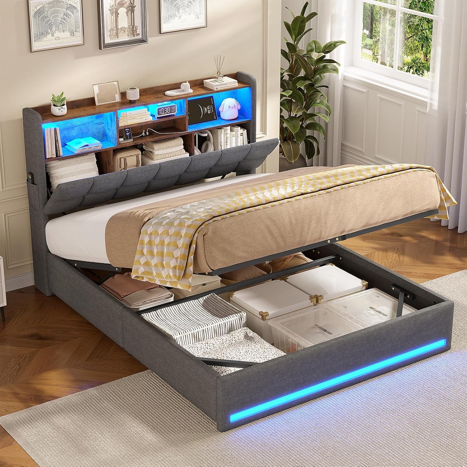 MSMASK Polsterbett Hydraulisches Stauraumbett mit LED-Bleuchtung, 90X200 cm (1-tlg., Ohne Matratze), Jugendbett mit USB- und Type-C-Anschlüsse, Leinenstoff