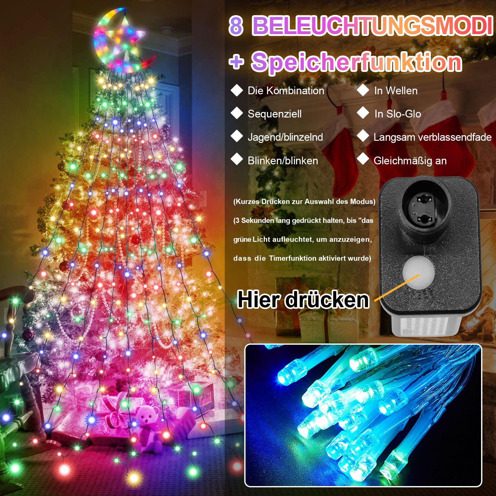 IP44 Memory LED-Lichtervorhang,Party Mehrfarbig und MUPOO LED-Lichtervorhang Modi & Timer Wasserdicht Lichterkette, Lichterkette,31V,350LED Funktion,8