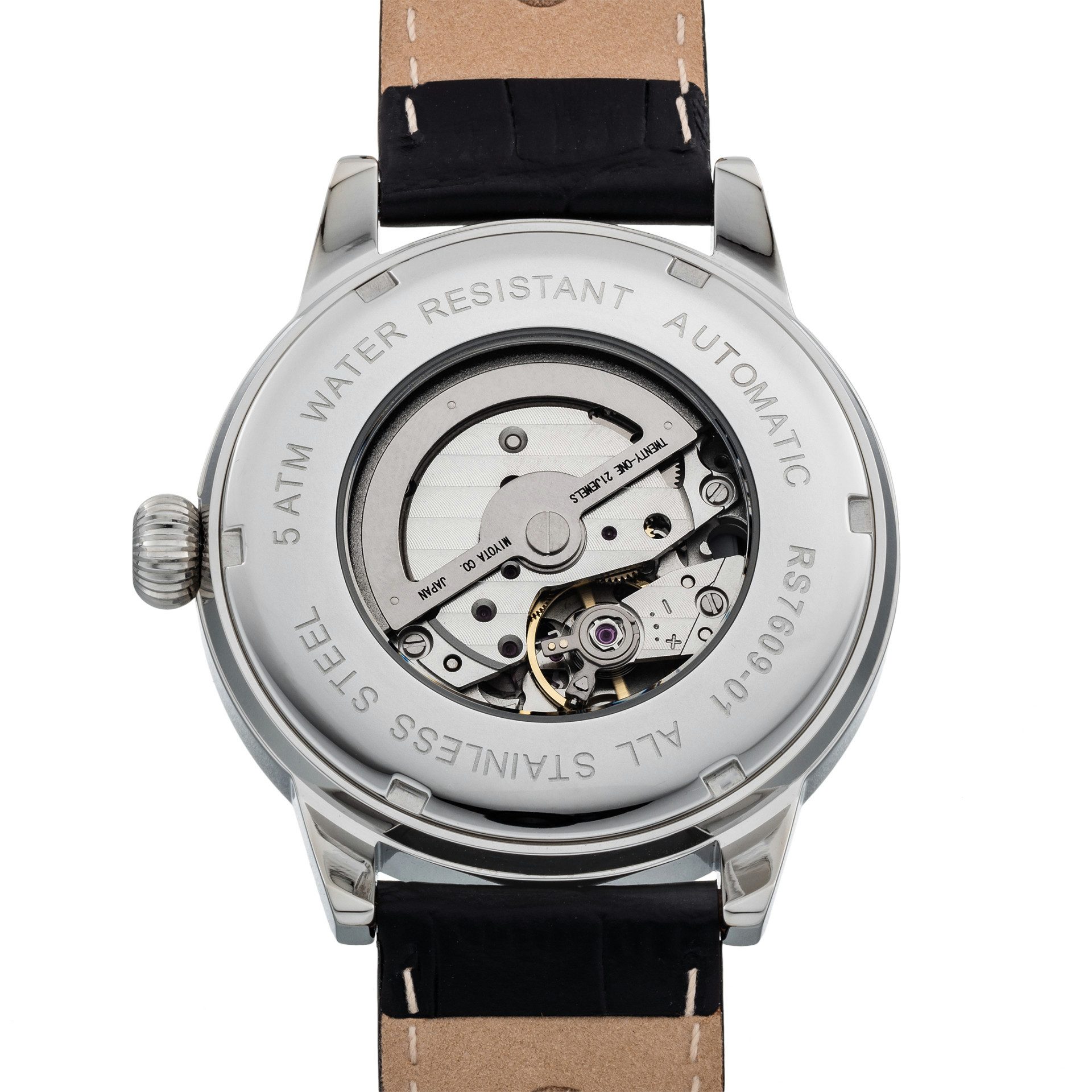 Riedenschild Automatikuhr RS7609-01, 42 mm – Herrenuhr mit schwarzem Lederband, Edelstahlgehäuse – Klassisches Design mit Sichtboden