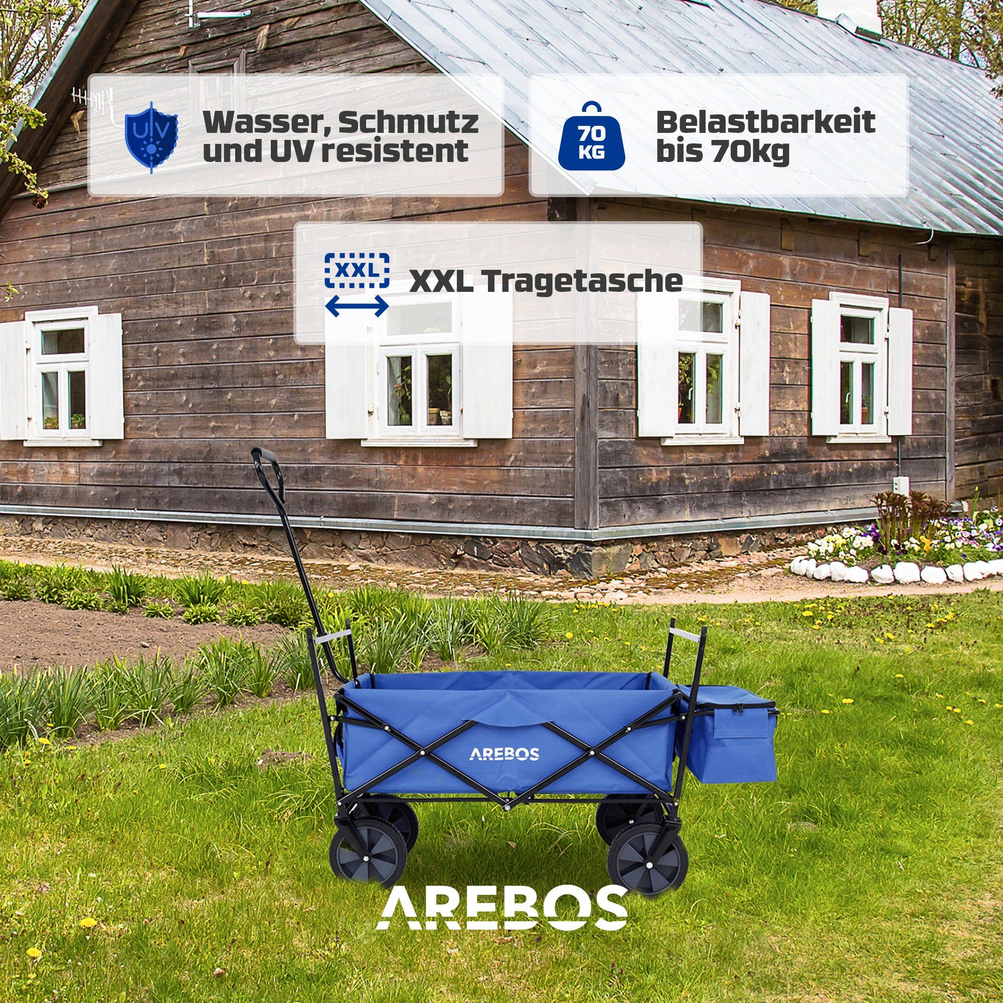 Arebos Bollerwagen ECO faltbar mit Dach, 70 kg Tragkraft für Garten, Camping & Ausflüge (Blau), Maße 117 x 55 x 125 cm – Bild 4 von 5