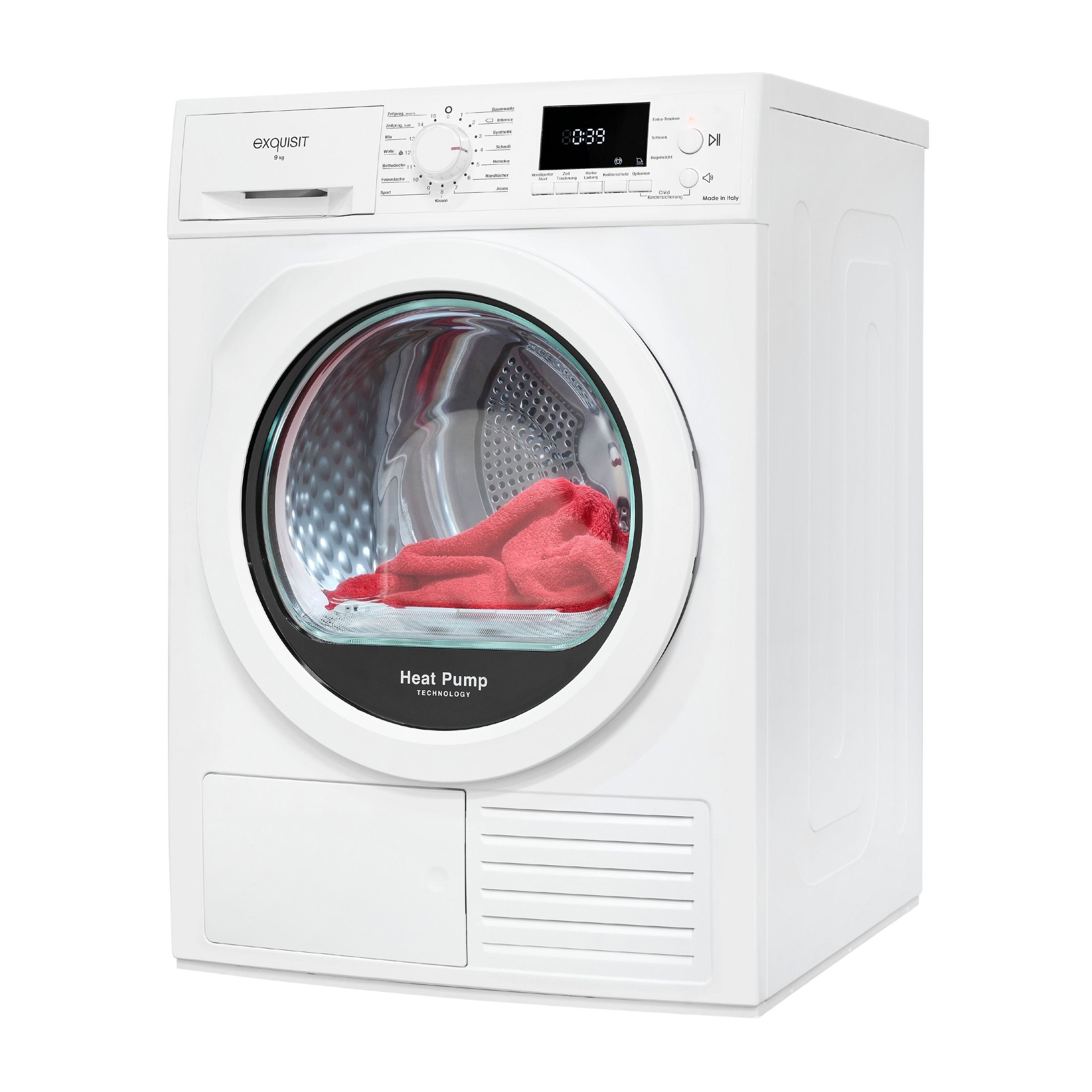 exquisit Wärmepumpentrockner TWP903-410 weiss, 9 kg, 15 Programme, Startzeitvorwahl, Knitterschutz, LED-Licht