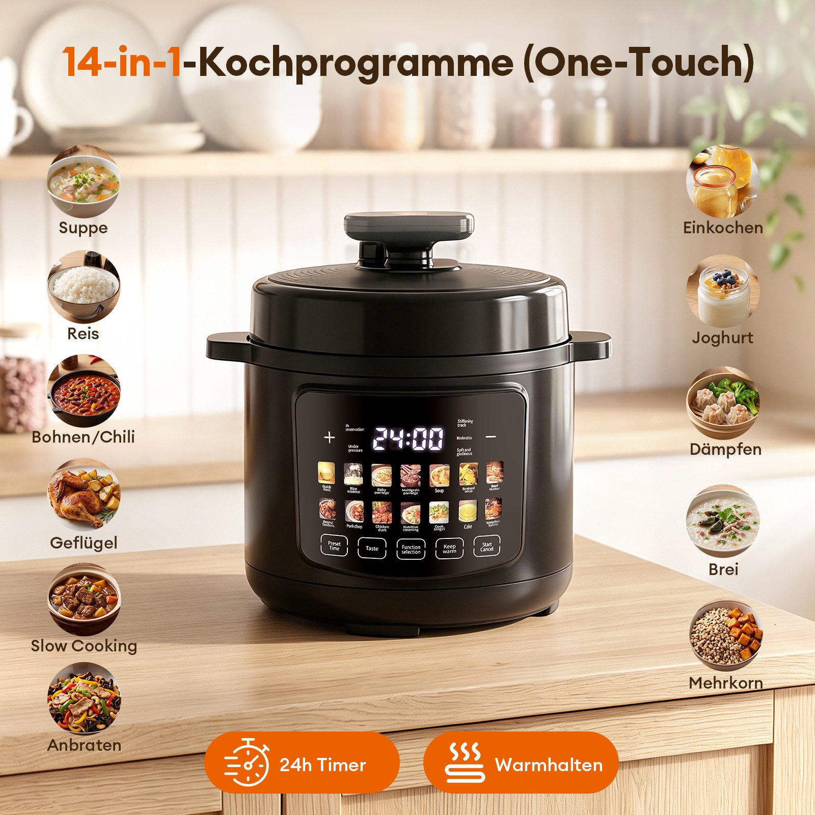 CkeyiN Pro Schnellkochtopf 6L Edelstahl, 14-in-1 Multikocher, Pressure Cooker 1600W, (Separate Dampftaste, 8 Sicherheitssystem, Antihaft & Leichte Reinigung), Rice & Slow Cooker, Dampfgarer, Joghurtbereiter