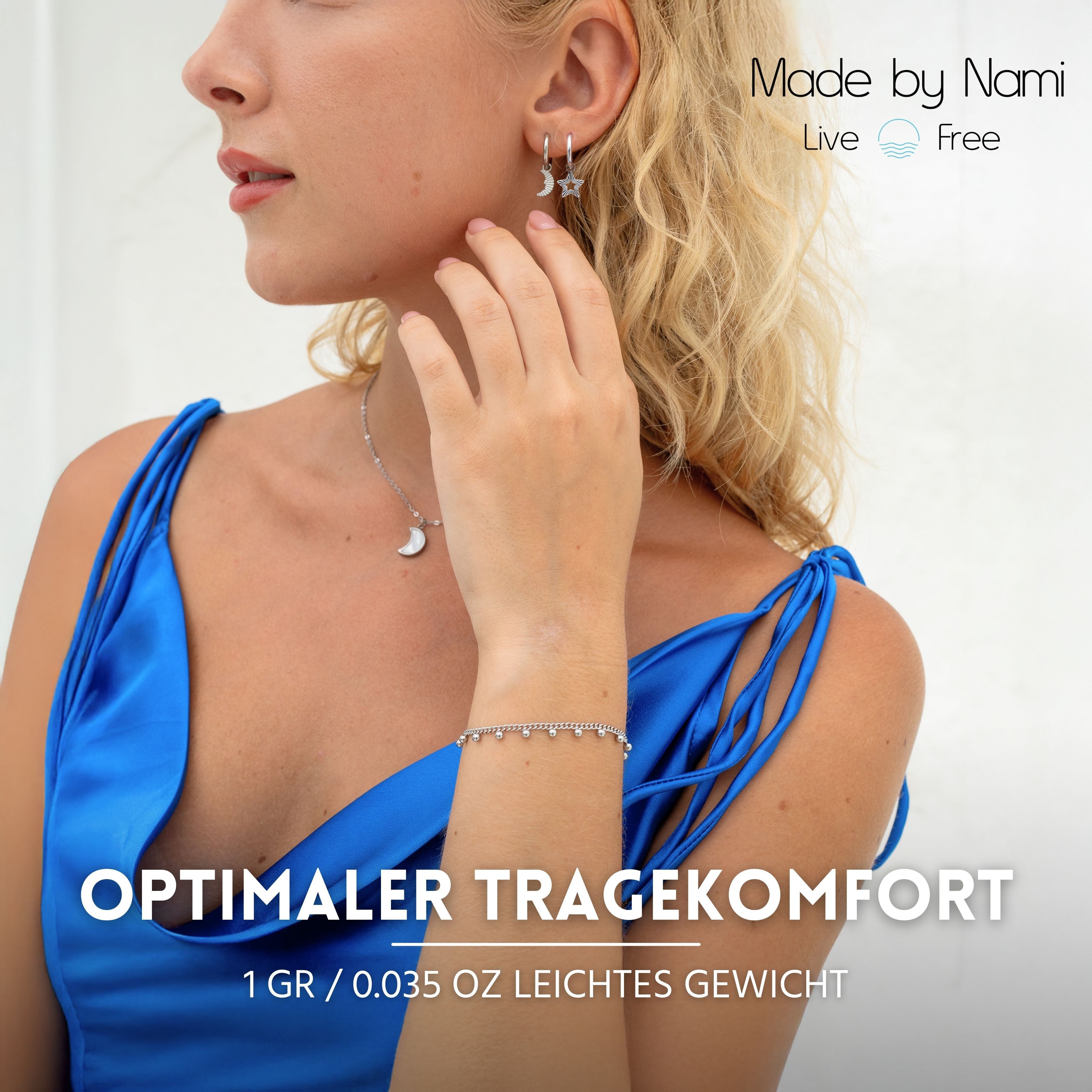 Made by Nami Paar Ohrhänger Set Ohrhänger Silber/Gold Edelstahl Stern Mond hypoallergen wasserfest, aus Edelstahl – Boho-Stil – für empfindliche Haut – alltagstauglich