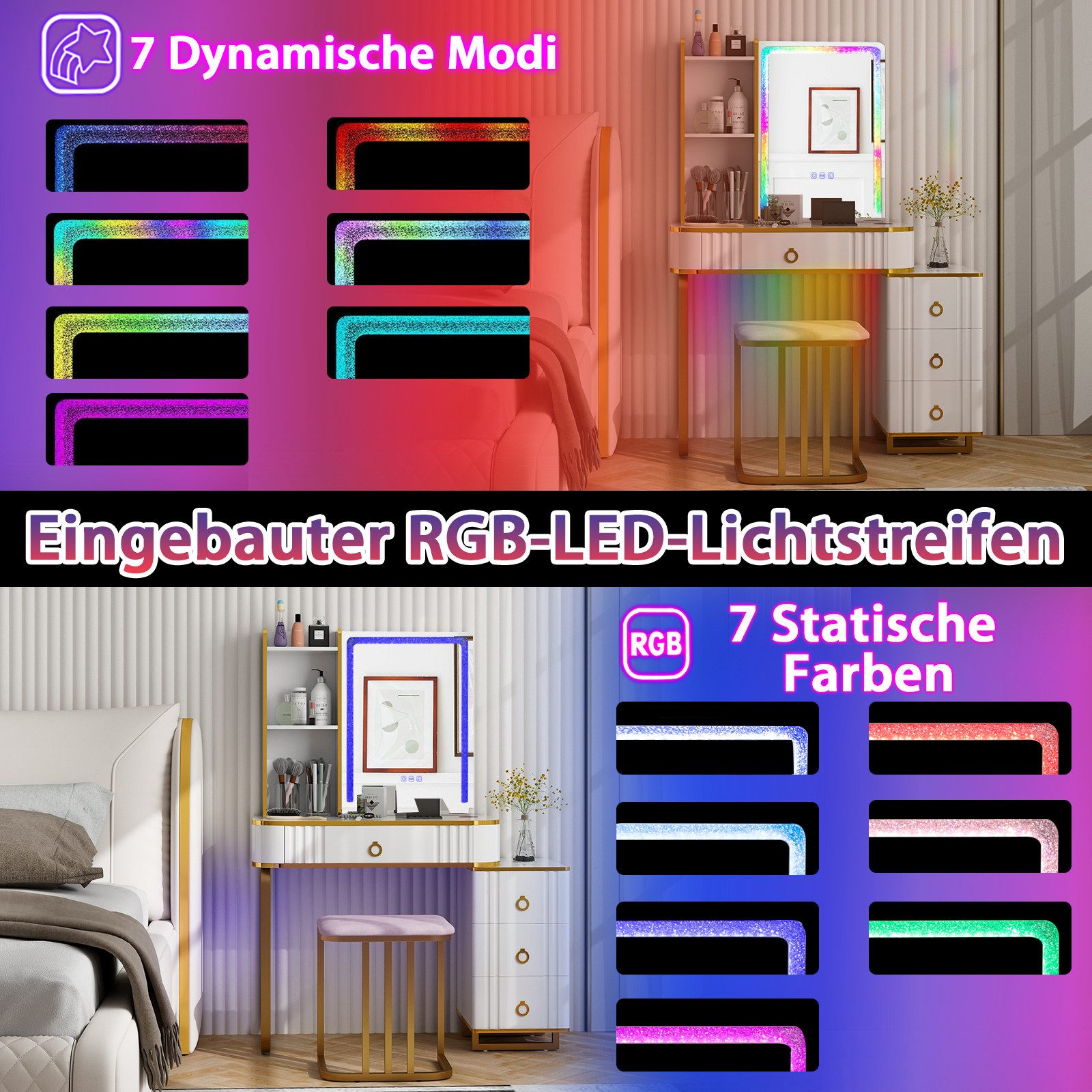COSTWAY Schminktisch, mit 14 dimmbaren LED-Leuchten, USB-Anschluss, Hocker