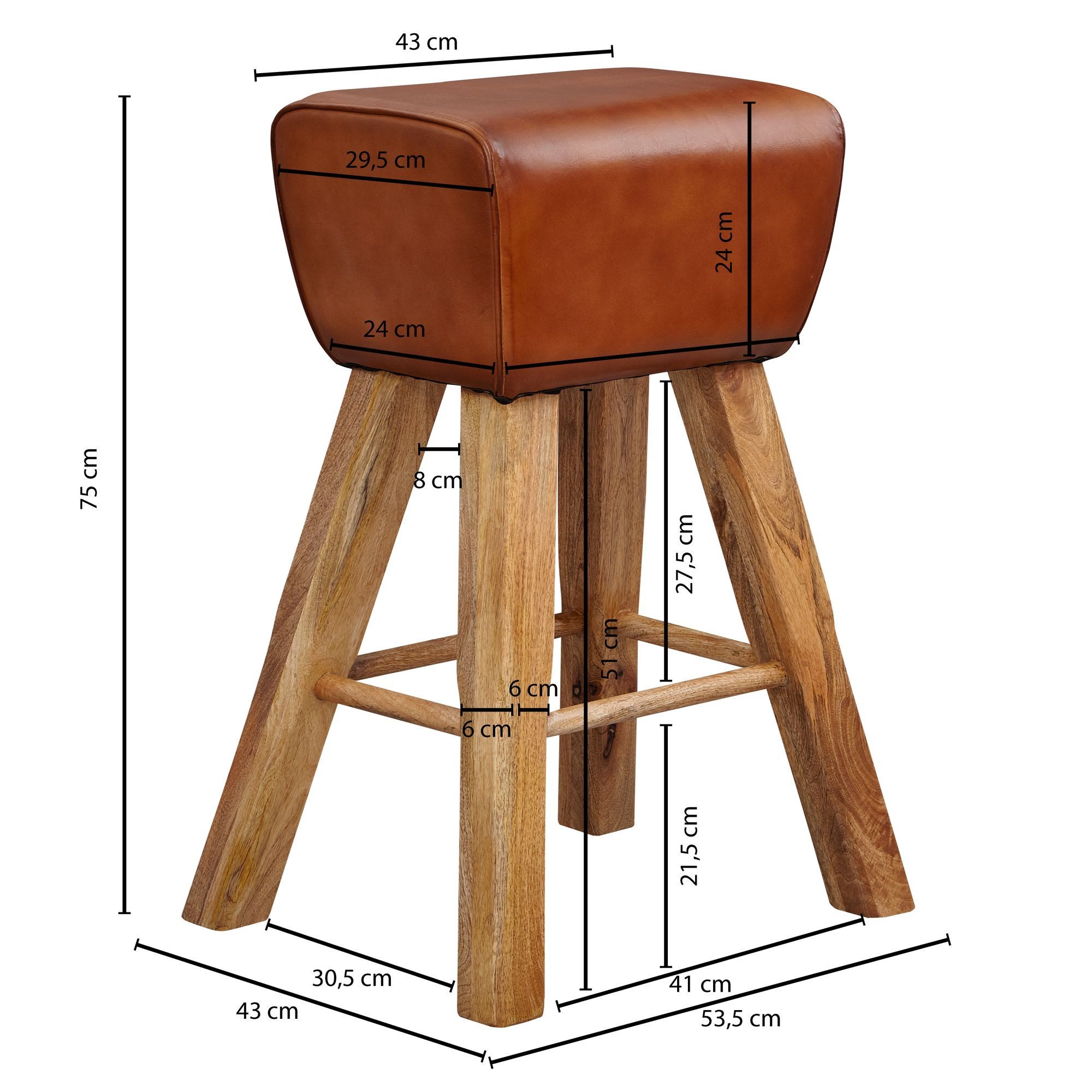 FineBuy Barhocker Turnbock 43x75x43 cm Mango Massivholz / Echtleder, Design Barstuhl Braun, Lederhocker ohne Lehne, Country Hocker Tresenstuhl – Bild 3 von 5