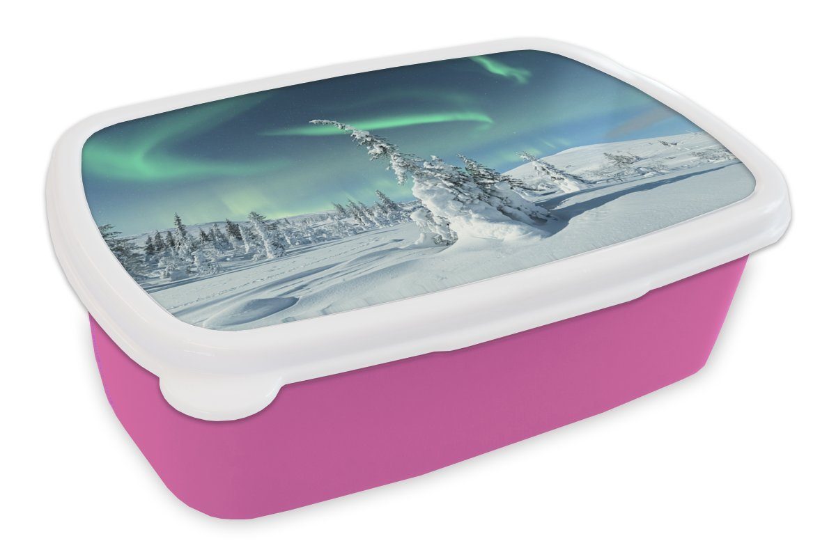 MuchoWow Lunchbox Höhle, - Kinder, Winter - - Brotdose rosa (2-tlg), Erwachsene, Snackbox, Landschaft Kunststoff, Nordlicht Schnee - Kunststoff Brotbox für Mädchen